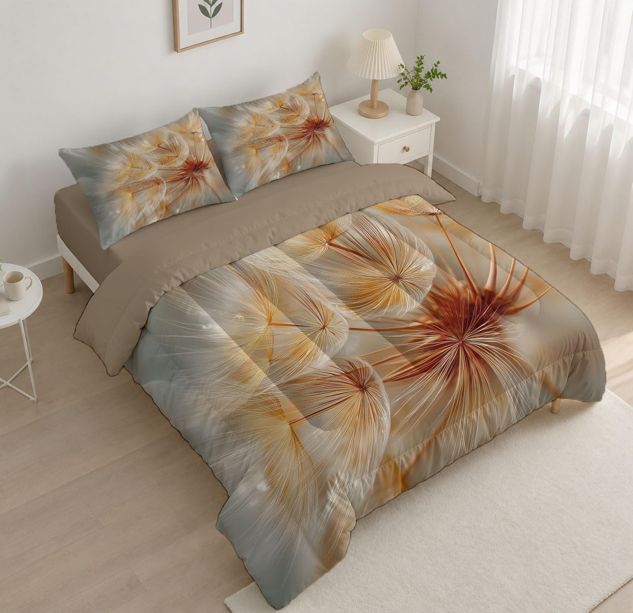 Natural Plants Comforter Set King Size, Luxury Dandelion Bedding Set for Girls Boys, Beige Quilt Bed 104"X90" Bedding Comforter Sets with 2 Pillowcase Room Decor