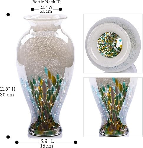 Miniatura 3 de Jarrón de vidrio verde soplado de 11.8 pulgadas de alto, colorido jarrón de vidrio opaco, diseño único de boca ancha para decoración del hogar, sala