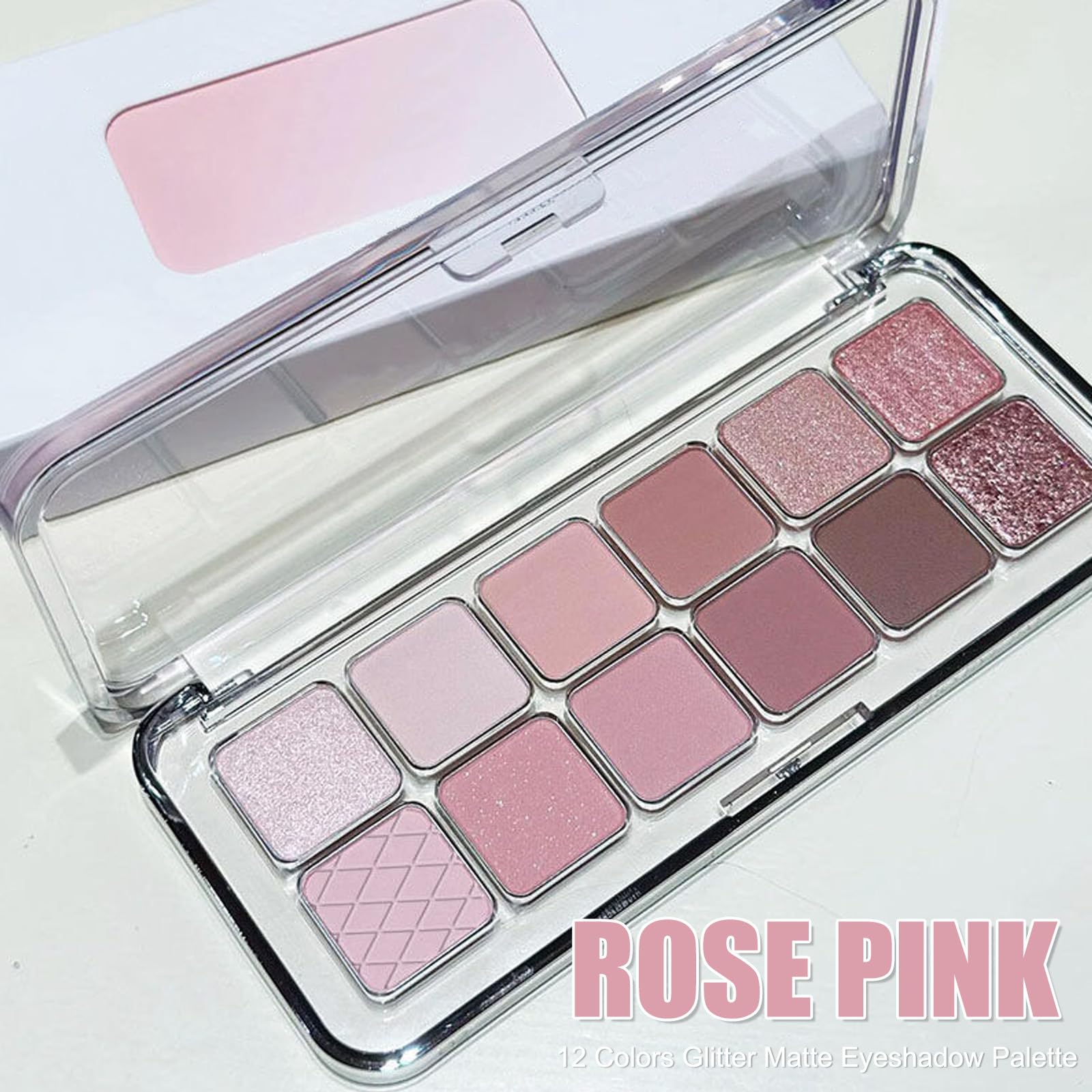 Glitter Pink Eyeshadow Palette, 12 Colors Smokey Nude Pink Eye Shadow Pallets for Women Light Brown Eye Makeup Palette - Image 2