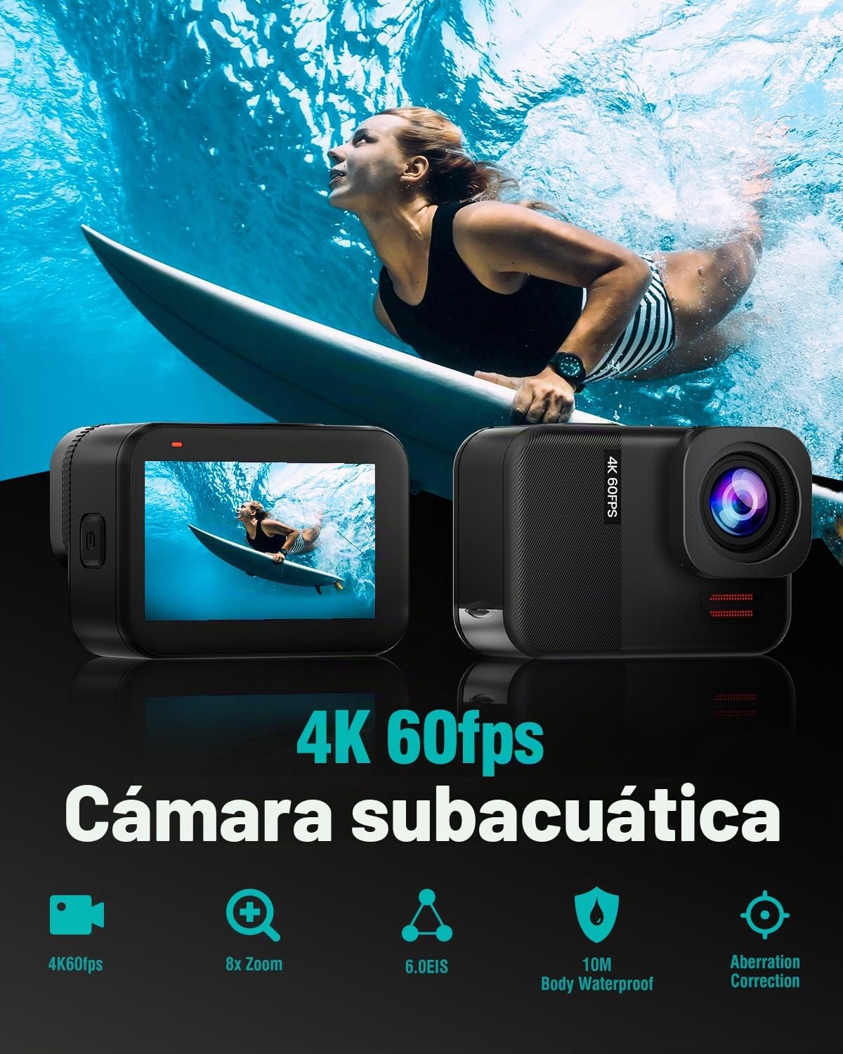 4K60fps Cámara Acuatica Pantalla Táctil - Cámara Subacuática 10M con 64G Tarjeta SD, HD 48MP WiFi Cámara Deportes Estabilización 6-Axis,8X Zoom Cámara de Acción con Casco Accesorios
