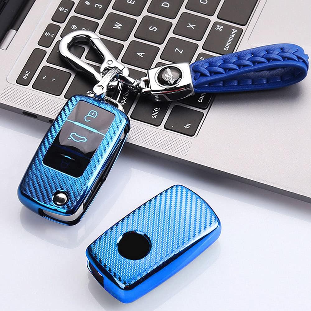 RXXR Car Key Fob Cover Compatible with VW Volkswagen Polo Golf 4/5/6 Multivan T5 Caddy Jetta Bora Superb Passat Skoda Fabia Seat Ibiza 3 Buttons Car Key Cover Case with Keychain - Image 5