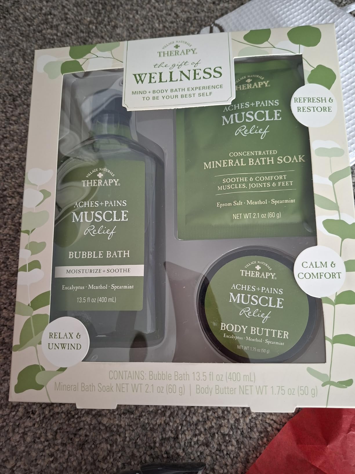 Village Naturals Therapy 3-Piece Relaxing Muscle Wellness Spa Gift Set, Eucalyptus Mint Scent
