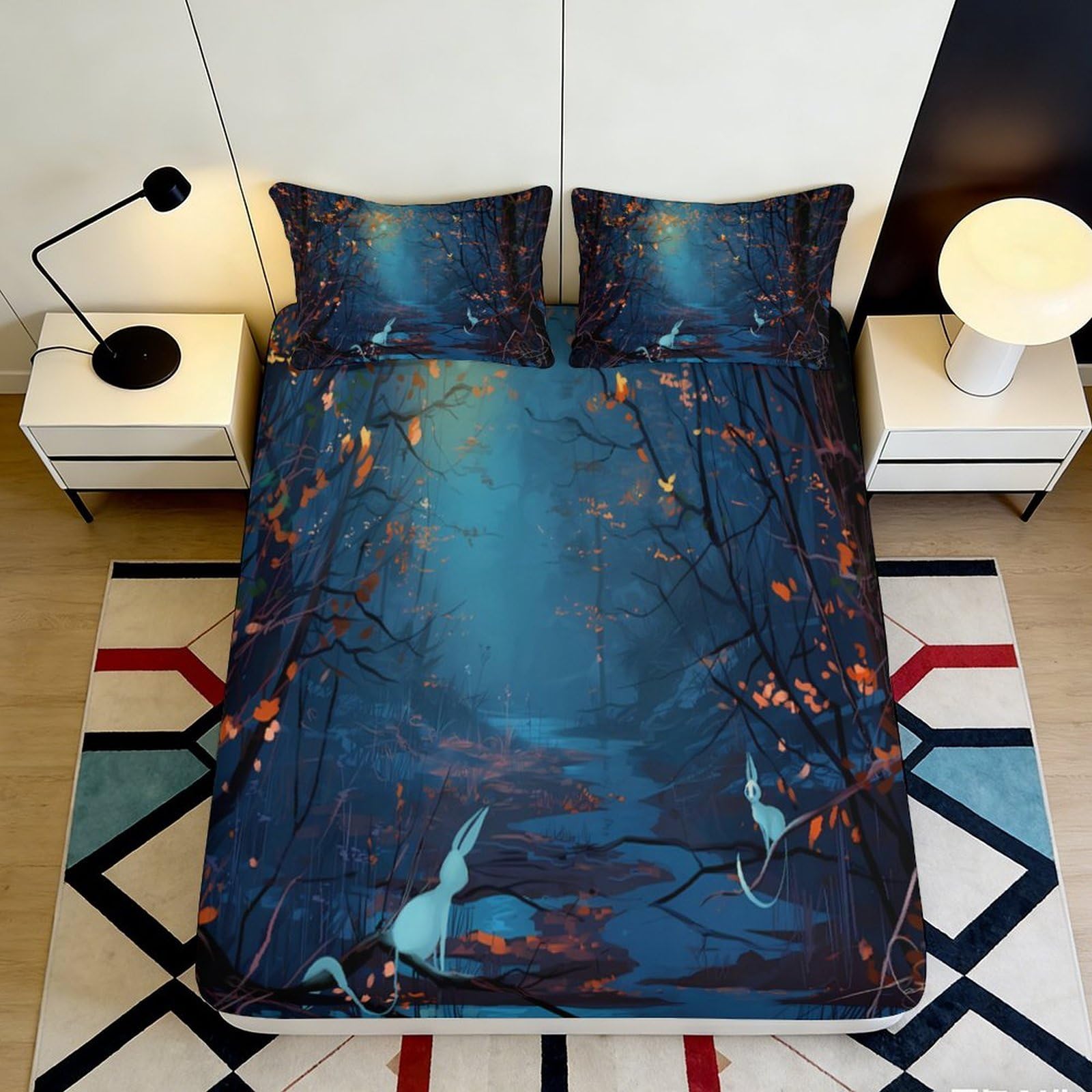 3D Printed Enchanted Forest Fitted Sheet Microfiber Soft Breathable Mystical Rabbit Bed Sheet for Bedroom Dormitory Guest Room Mattress Protection Decor 180x200x25cm