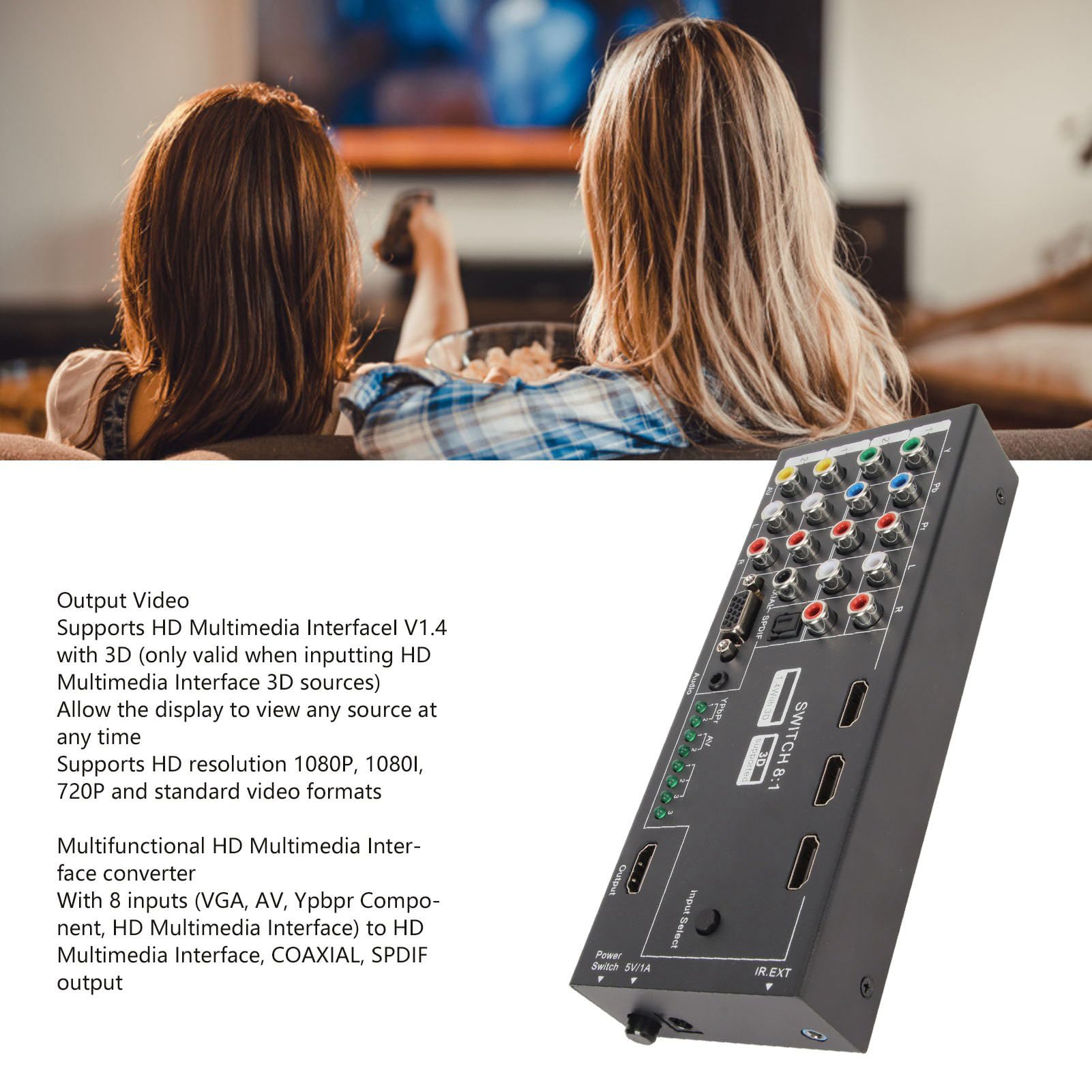 Convertitore HDMI, Adattatore Audio 1080P con 2 X YPBPR, 2 X AV, 1 X VGA, 3 X Ingresso Segnale HDMI a HDMI, COASSIALE, Uscita SPDIF, per Set Top Box HDTV Conferenza DVD (Spina europea AC100‑240V)