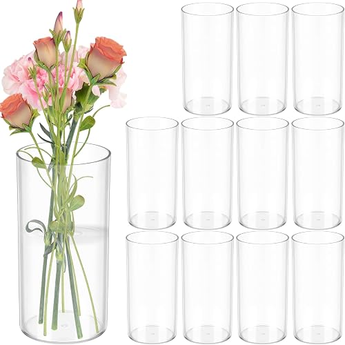 12 PCS Plastic Cylinder Vase 8 Inch Cylinder Vase Bulk Clear Flower Container Hurricane Candle Holder Round Wide Container Centerpiece for Home Office Wedding Decor (8 Inch)