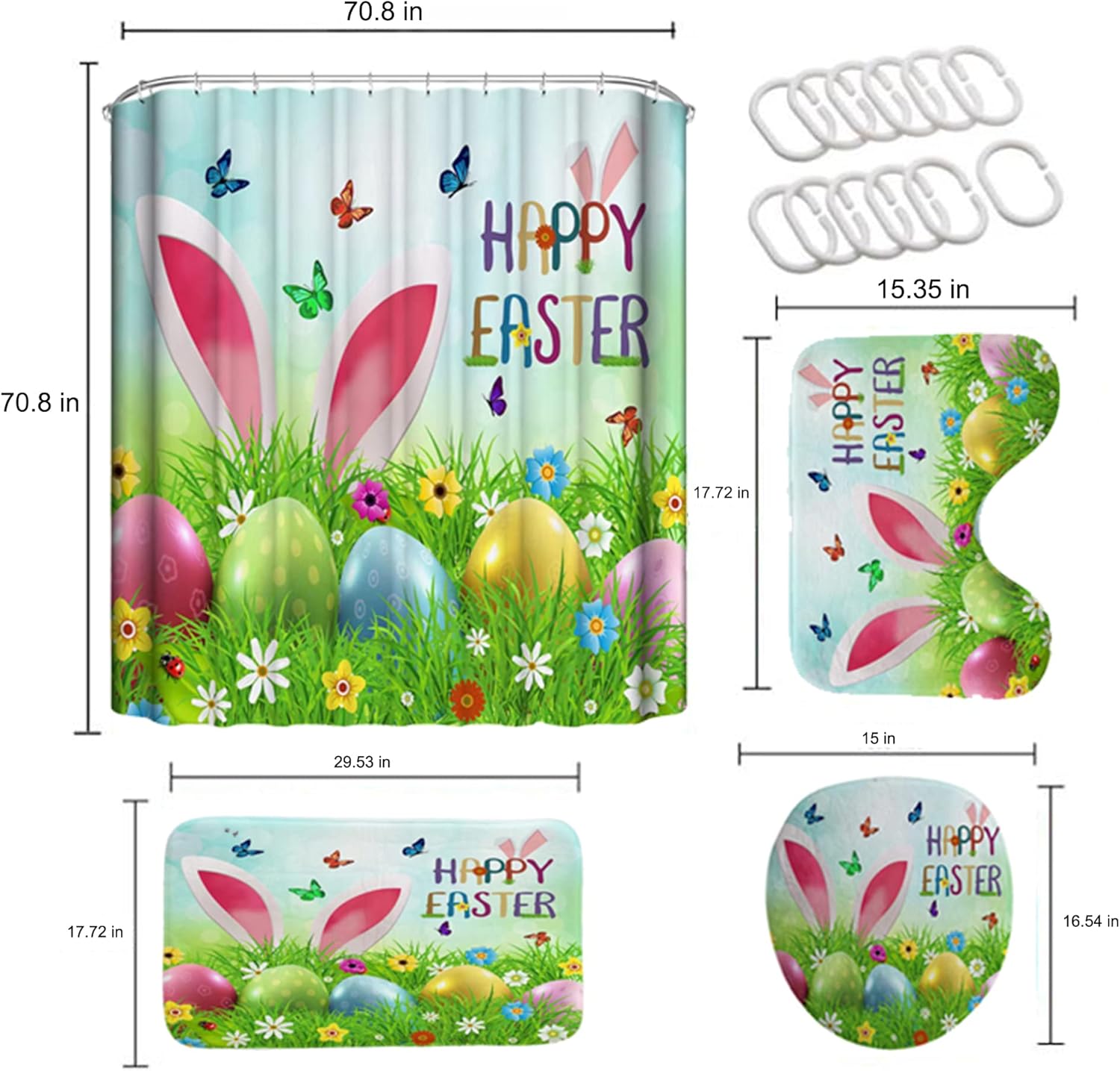 4 Pcs Easter Shower Curtain Set with Non-Slip Rugs, Toilet Lid Cover and Bath Mat, Cute Rabbit Ear Colorful Easter Eggs Shower Curtains with 12 Hooks (Green)