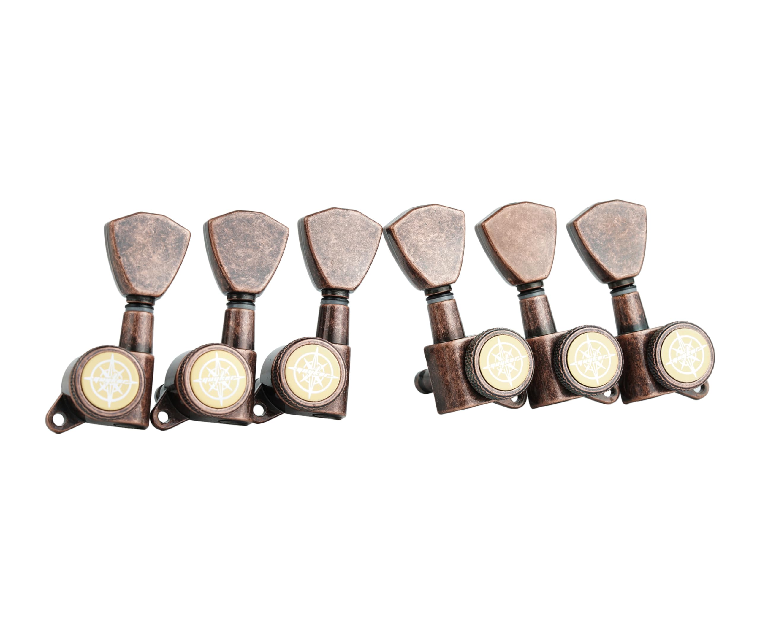 Guyker Guitar Locking Tuners (3L + 3R Handed) - 1:18 Models Rear Lock String Tuning Key Pegs Machine Head with Trapezium Button Antique Bronze, GK04SP
