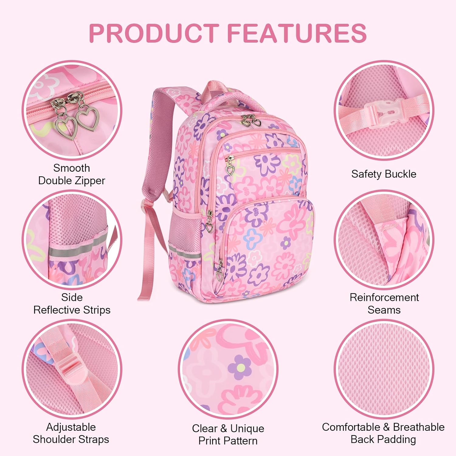 Rexmore 3Pcs Girls Backpack Set with Lunch Box & Pencil Case – Water-Resistant Flower Print Kids Backpack for Elementary, Middle School, Camping & Travel Gifts (Pink) - Image 5