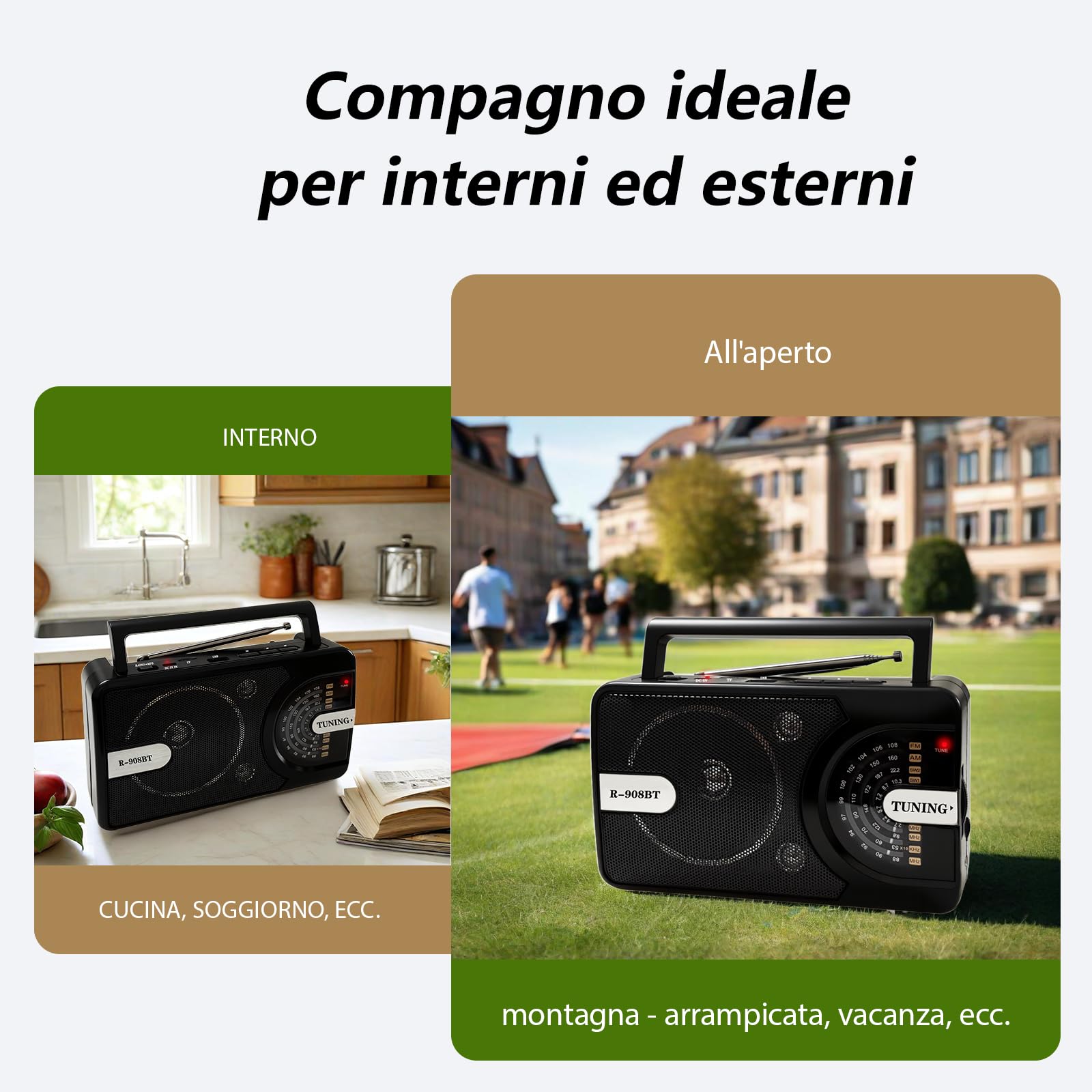 Radio Portatile con Bluetooth/USB/TF, AM/FM/SW1-2 Radiolina Portatile Ricaricabile con Batteria Ricaricabile 1200mAh & Antenna 360° e Maniglia – Ideale per Camping, Viaggio, Casa