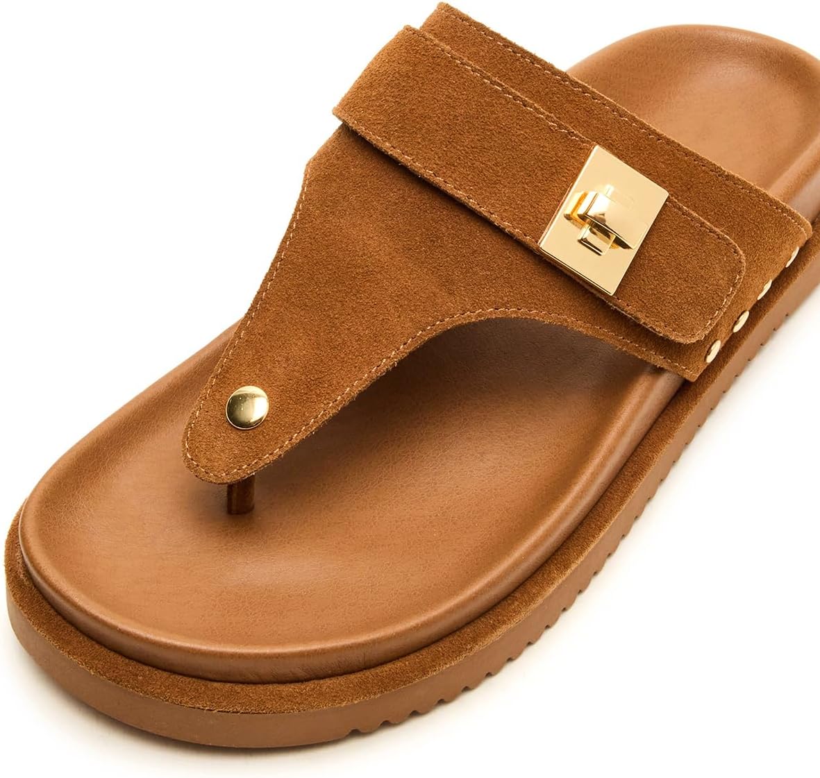 Brown Platform Flip Flops for Women Leather Beach Thong Footbed Sandals Open Toe Comfortable Casual Slides Dressy Soft Cushion Arch Support - Image 6