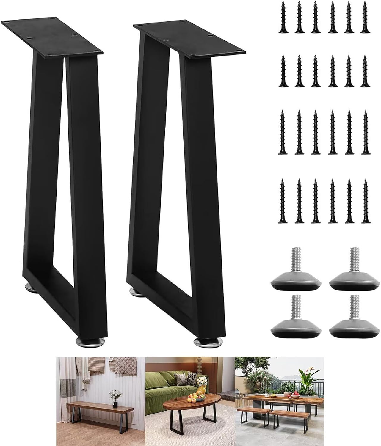 Yidi Metal Table Legs 16 Inch, Trapezoid Heavy Duty Adjustable Bench Legs, Replacement Coffee Table Legs Set of 2 Black 15.7" H×11" W