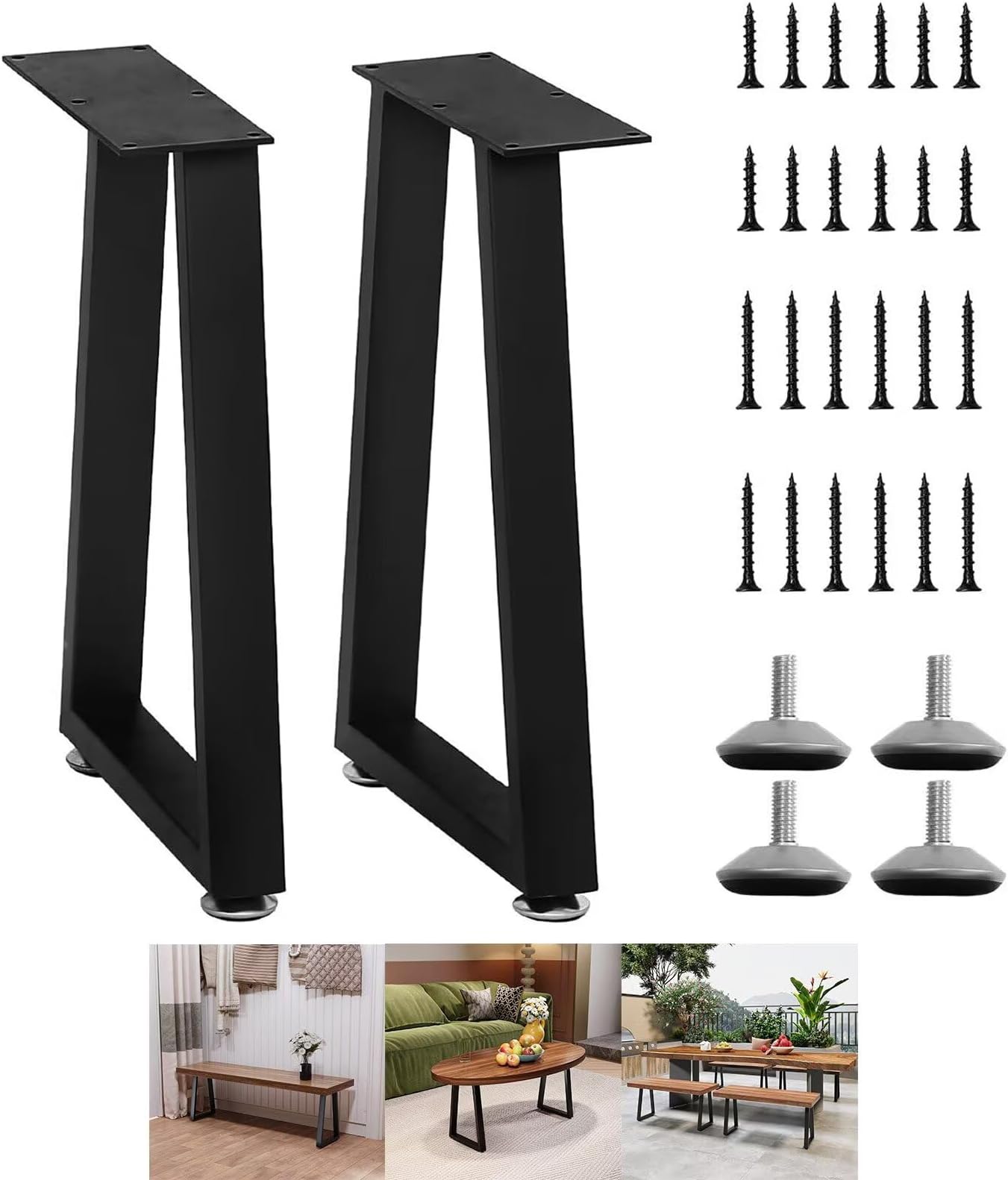 Yidi Metal Table Legs 16 Inch, Trapezoid Heavy Duty Adjustable Bench Legs, Replacement Coffee Table Legs Set of 2 Black 15.7" H×11" W
