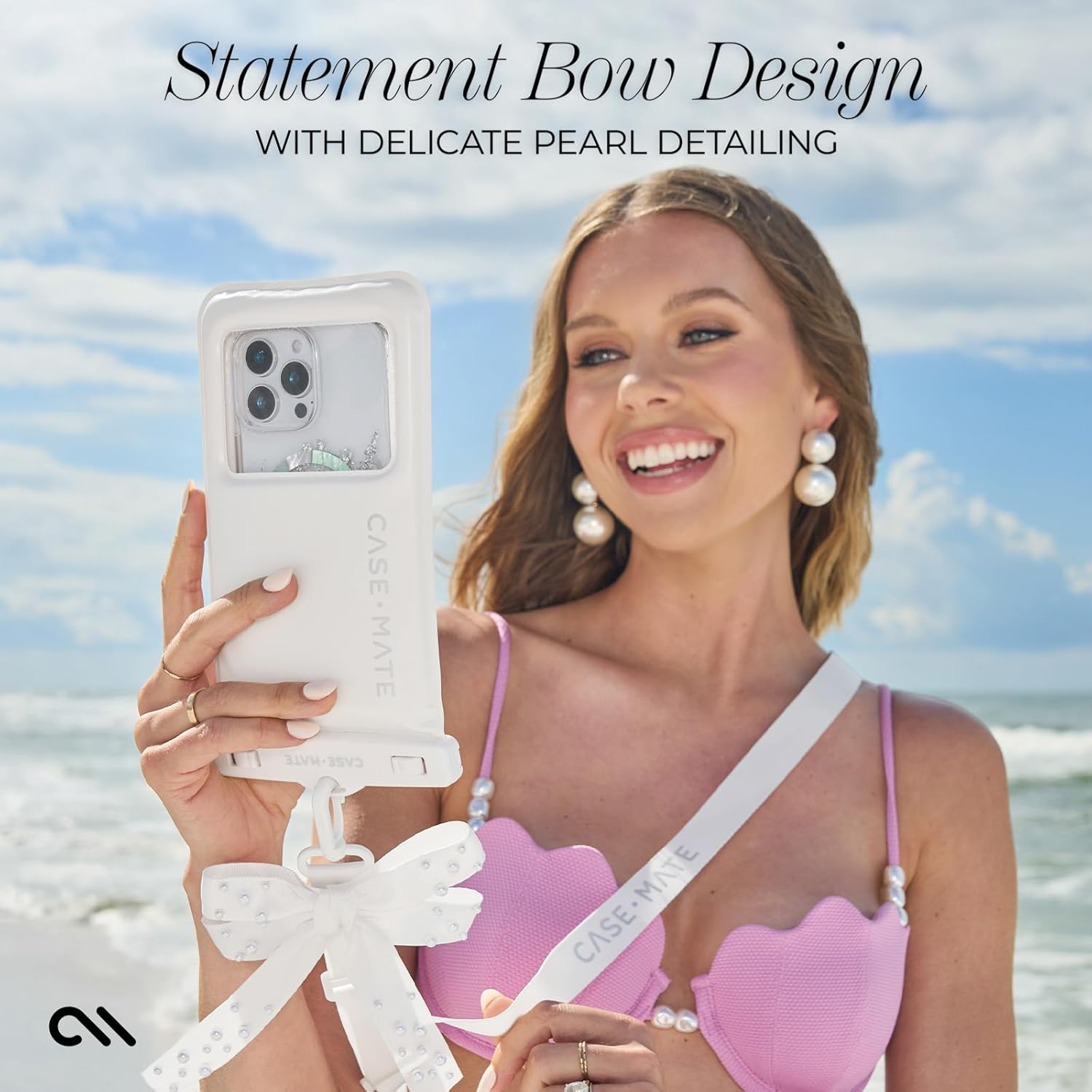 Case-Mate IP68 Waterproof Large Phone Pouch with Bow Design - Travel Beach Cruise Ship Essentials - Floating Phone Case with Crossbody Lanyard for iPhone 17 Pro Max/16 Pro/15/14/13/ S25 - Ivory Pearl - Image 8