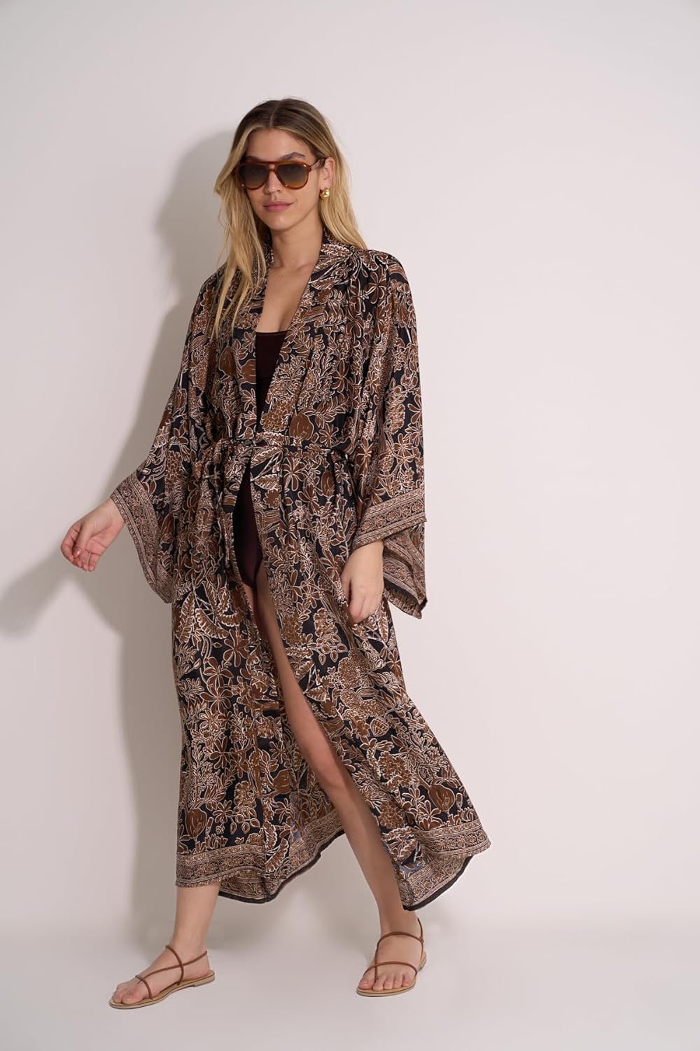 Gottex Beach Life Long Printed Robe Cover-Up - Short Wide Sleeves, Removable Tie Belt, Midi Length, One Size Fits Most