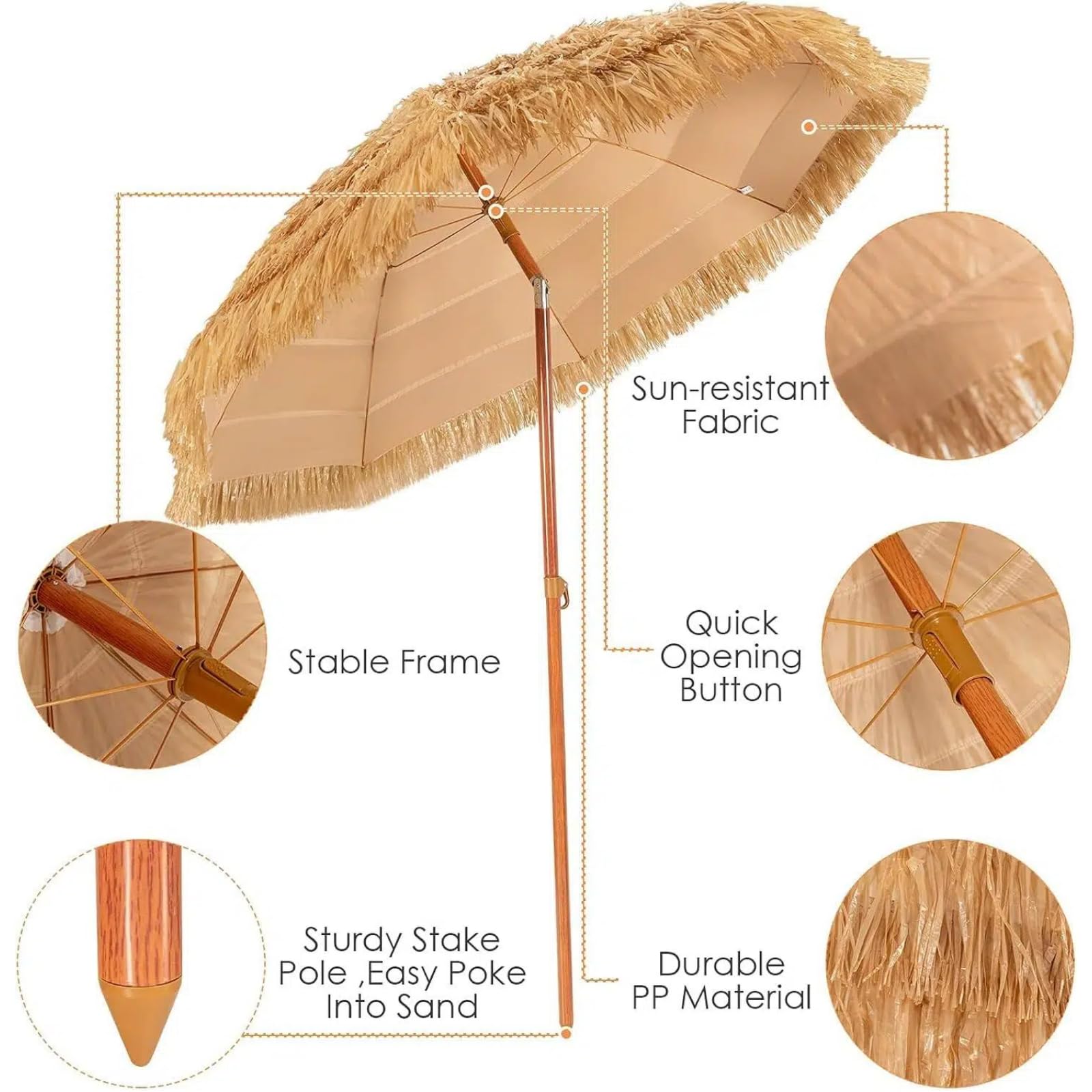 KOMFOTTEU Ombrellone da Spiaggia 200 cm, Parasole Hawaiano, Antivento, Impermeabile, Anti UV, in Paglia Pieghevole e Portabile, Ombrellone in Rafia per Giardino, Balcone, senza Base, Giallo