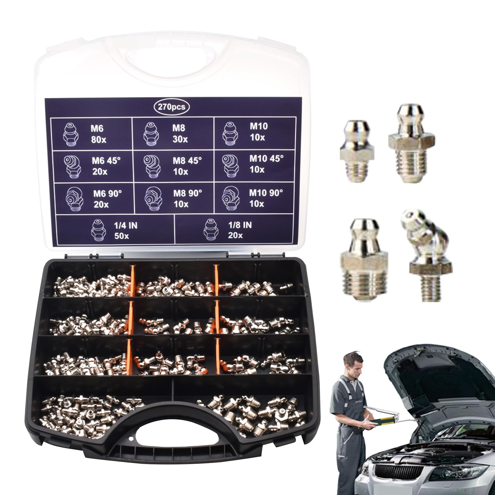 Surtido de boquillas de grasa – M6 M8 M10 – Kit de montaje (270 unidades) | Boquillas cónicas de acero galvanizado, ángulo recto de 45° y 90°, accesorios profesionales para máquinas y coches
