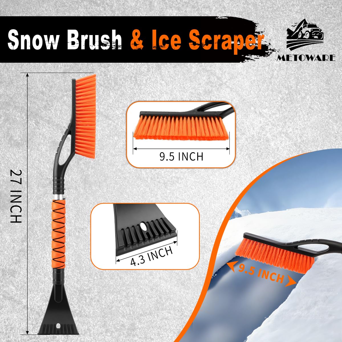 METOWARE Spazzola da neve e raschietti per ghiaccio da 68,6 cm, per parabrezza e finestre, staccabili con impugnatura ergonomica in schiuma, accessori invernali