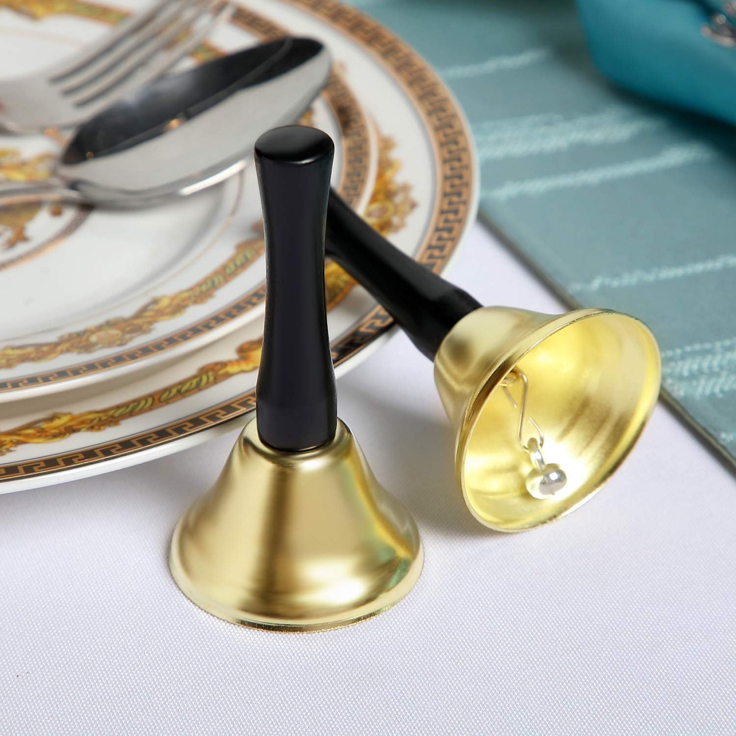 24 Pieces Hand Bells Silver Steel Service Handbells Black Wooden Handle Diatonic Metal Bells Musical Percussion (Gold) : Musical Instruments