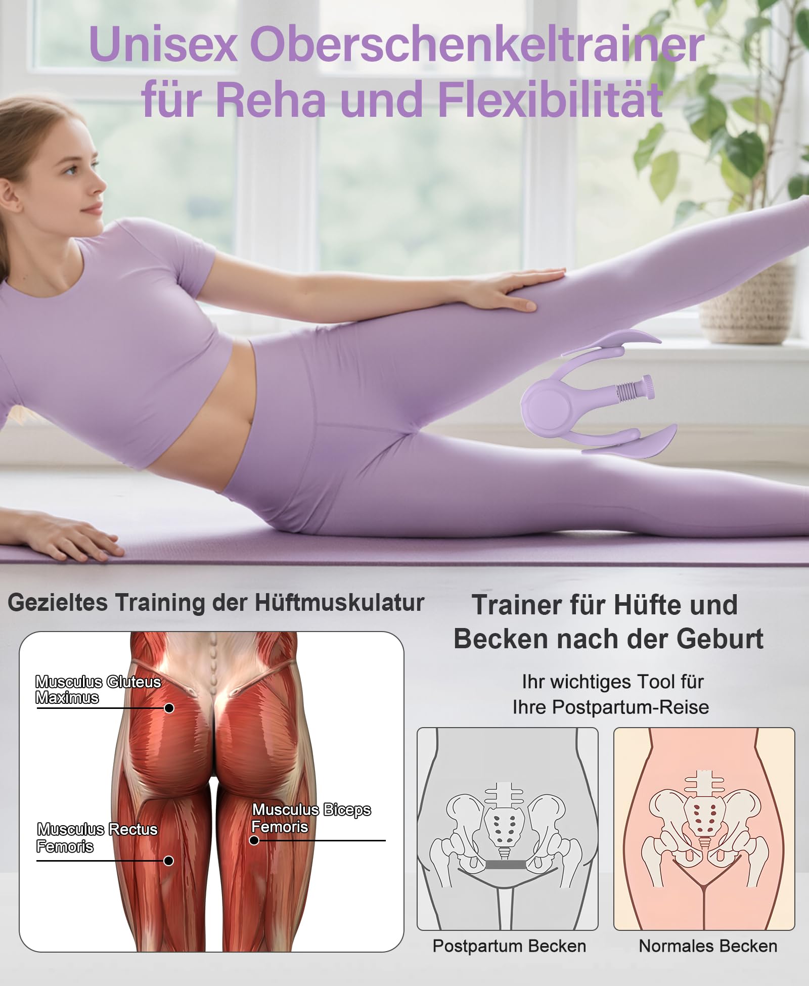 Oberschenkeltrainer Beinpresse für Zuhause 6.8-31.8kg Beckenboden Trainingsgerät Beintrainer für Damen/Herren, Kegel Beckenbodentrainer für Postpartum Erholung mit Widerstandsband