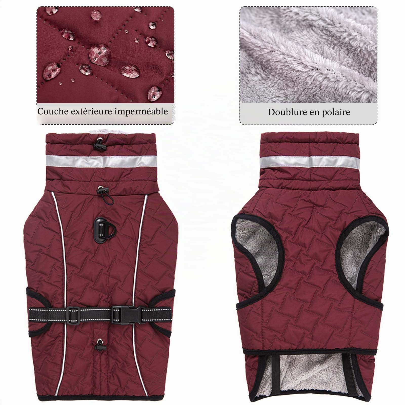 Manteau Chien Imperméable avec Harnais Manteaux Imperméables pour Chiens Doudoune Doublé Polaire Manteau Chien Hiver Réfléchissante Ajustable Veste pour Chiens de Petite Moyen et Grande Taille