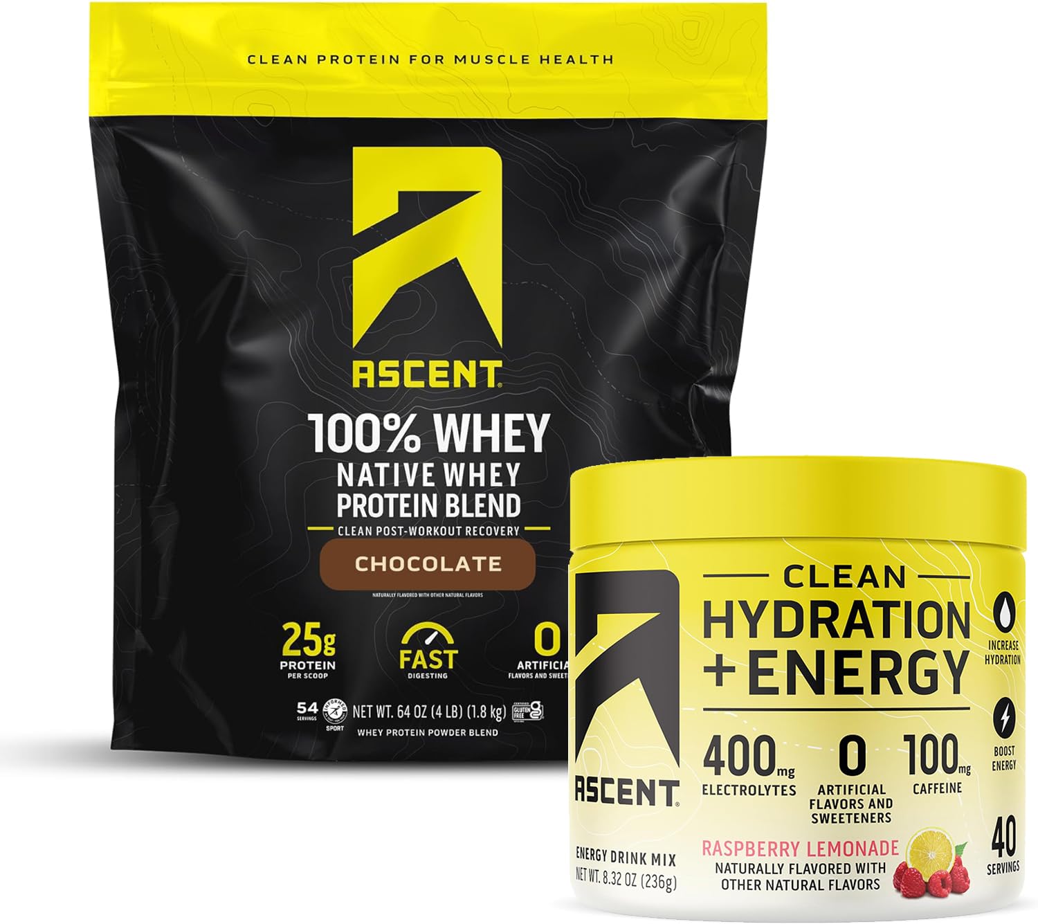 Ascent 100% Whey Protein Powder, Chocolate 4 lb & Hydration + Energy Electrolytes, Raspberry Lemonade 40 Servings