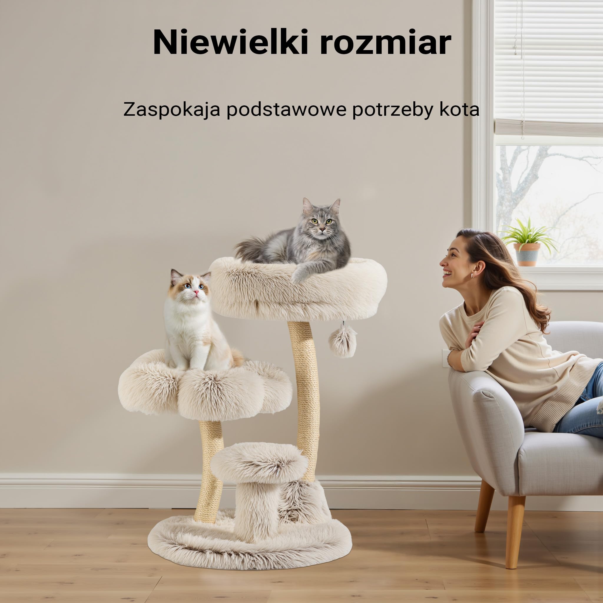 Fudajo Drapak dla kota designerski 49 x 49 x 74 cm, koci domek z pluszem i sizalem, drzewko dla kotów, z piłeczką do zabawy