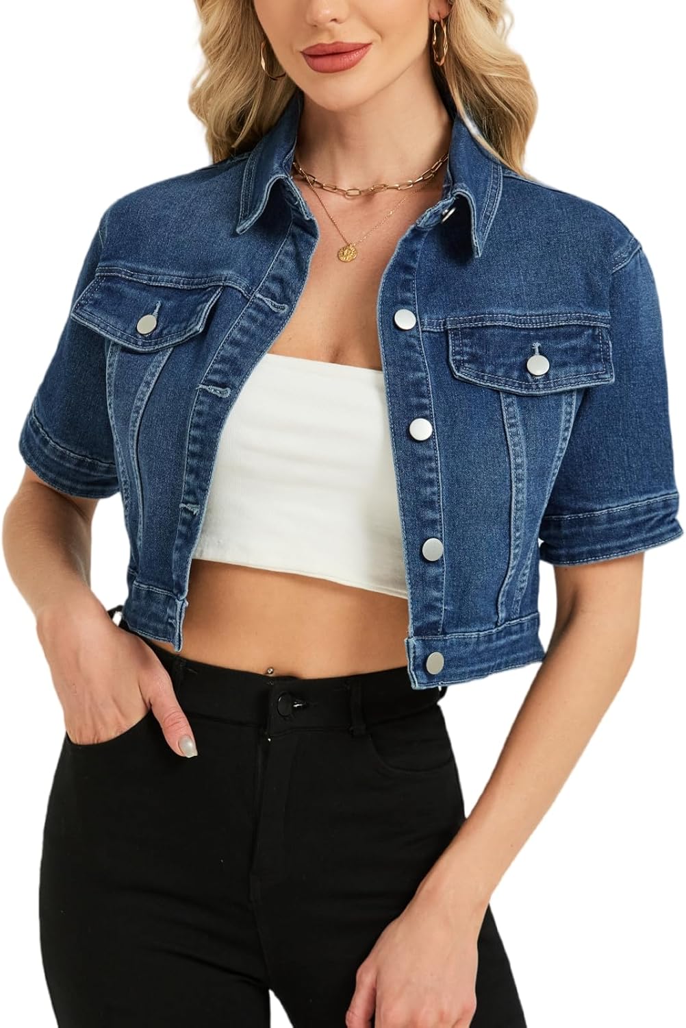 LifeShe Women Stretch Cropped Denim Jacket Short Sleeves Button Down Trucker Jean Jackets Coats