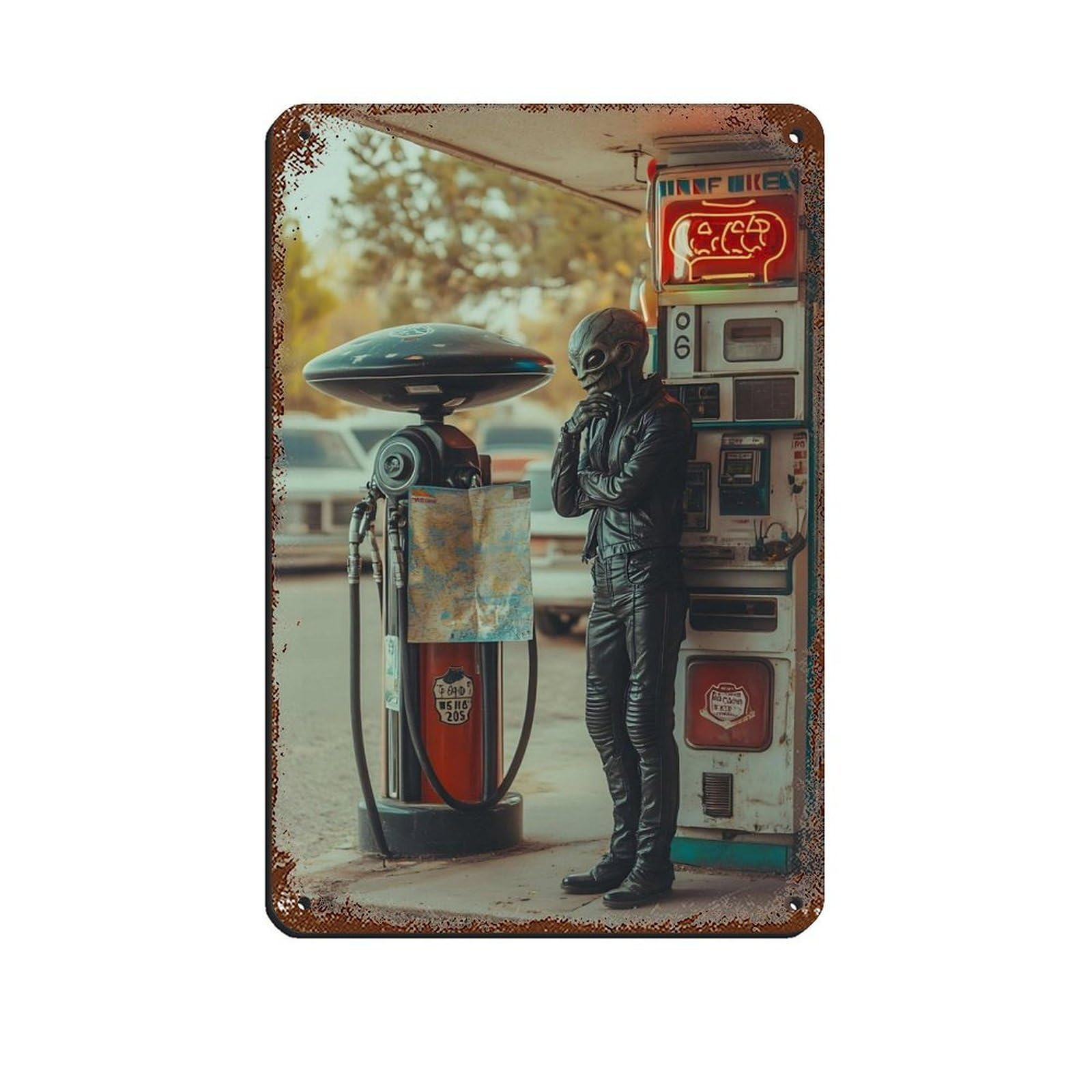 Retro Sci-Fi Alien Gas Station Retro Poster Metal Tin Sign Chic Art Retro Iron Painting Bar People Cave Cafe Family Garage Poster Wall Decoration 8x12inch(20x30cm)
