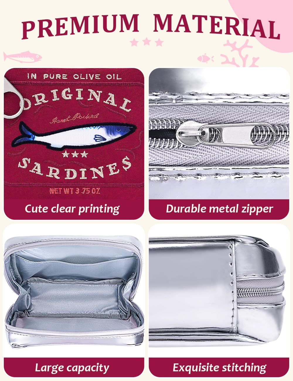 Cessfle Canned Sardines Makeup Bag, Funny Sardine Tin Fish Cosmetic Bag, Creative Cute Makeup Bag Kawaii Pencil Case Pouch, Coquette Make up Pouch for Women