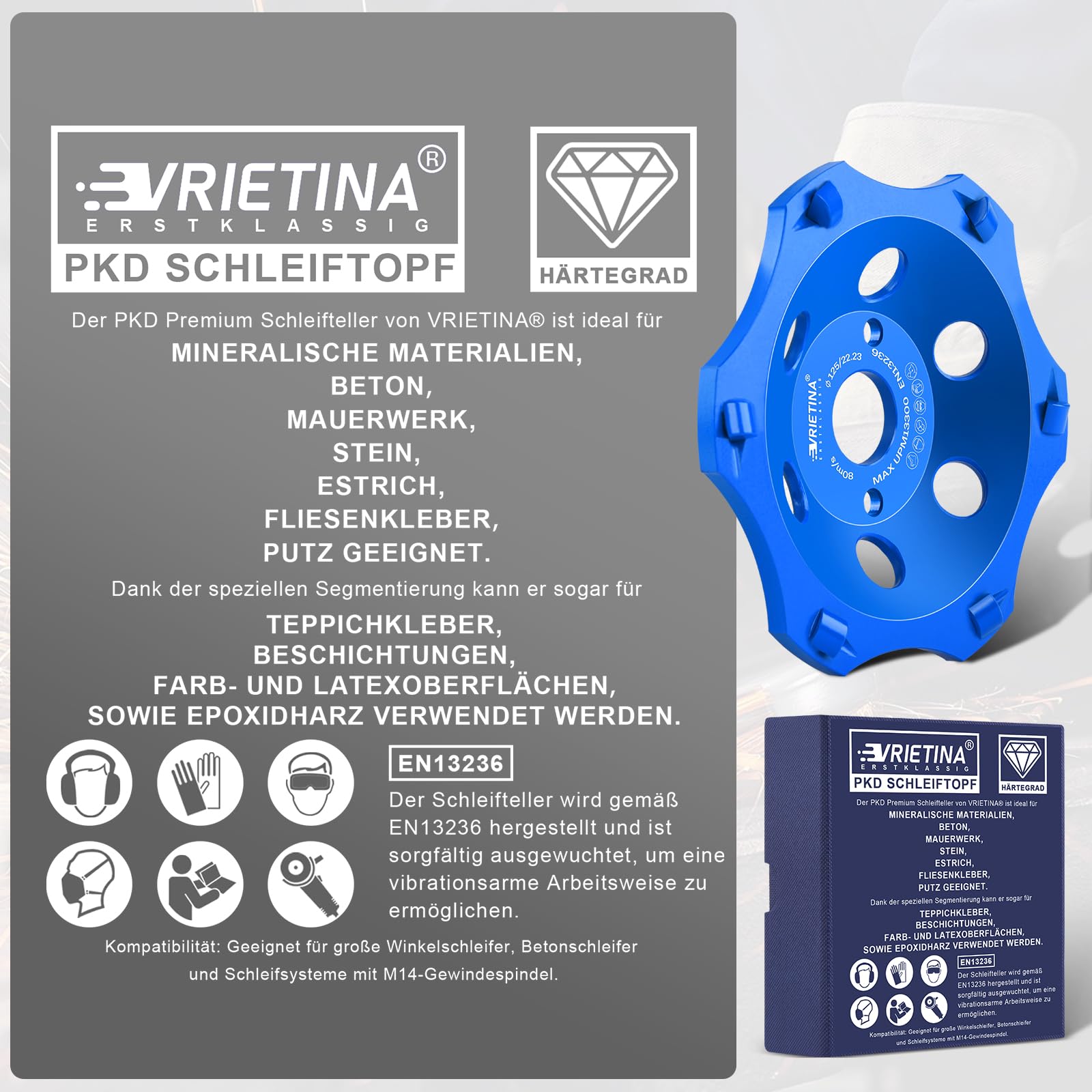 PKD PCD diamentowa tarcza szlifierska [125 x 22,23 x 21 mm, 6 segmentów] do kleju do płytek, powłok kolorowych na betonie, kamieniu, jastrychu, granitu, diamentowej tarczy szlifierskiej, do szlifierki