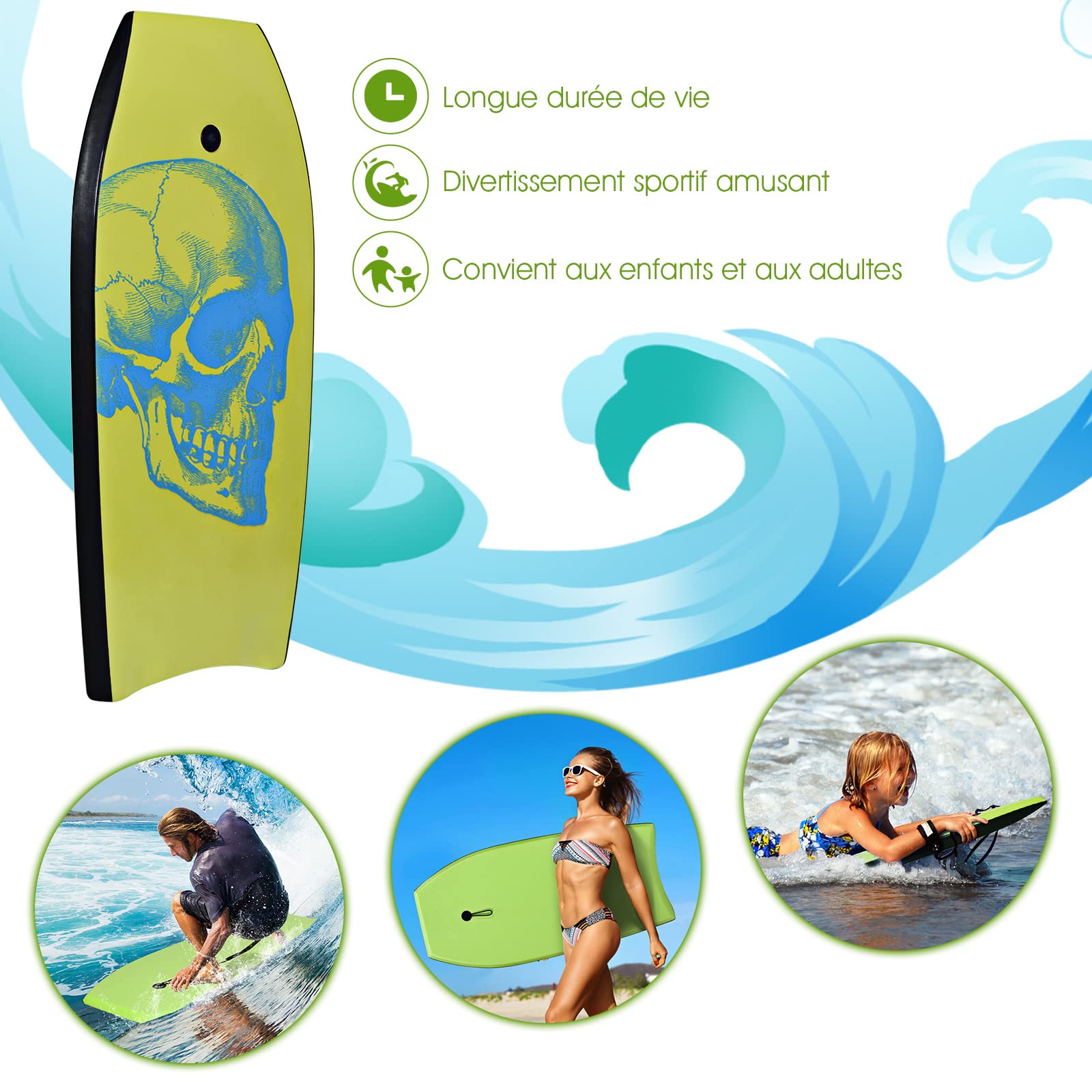 GYMAX Planche de Surf en XPE et HDPE Robuste, Charge Max 85 kg | Bodyboard Vert pour Plus de 14 Ans, 105×51×6 cm, Sangle de 90 cm et Motif de Crâne