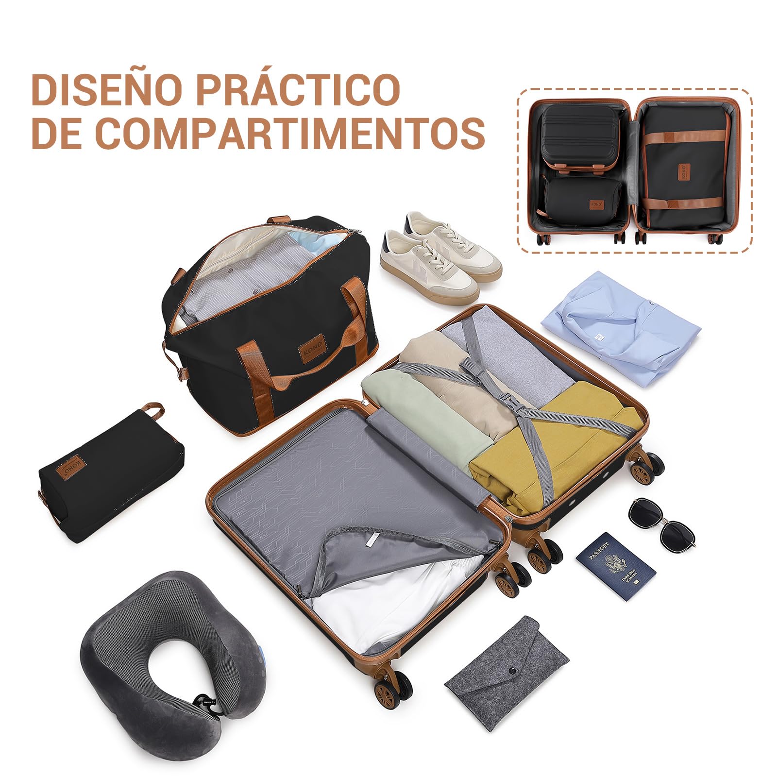 Kono Maleta Ligera ABS rígida de Cabina con Cerradura TSA Juegos de Equipaje de 4 Piezas Incluidas Bolsa de Fin de Semana y Bolsa de Aseo para Viajes (Negro con marrón)