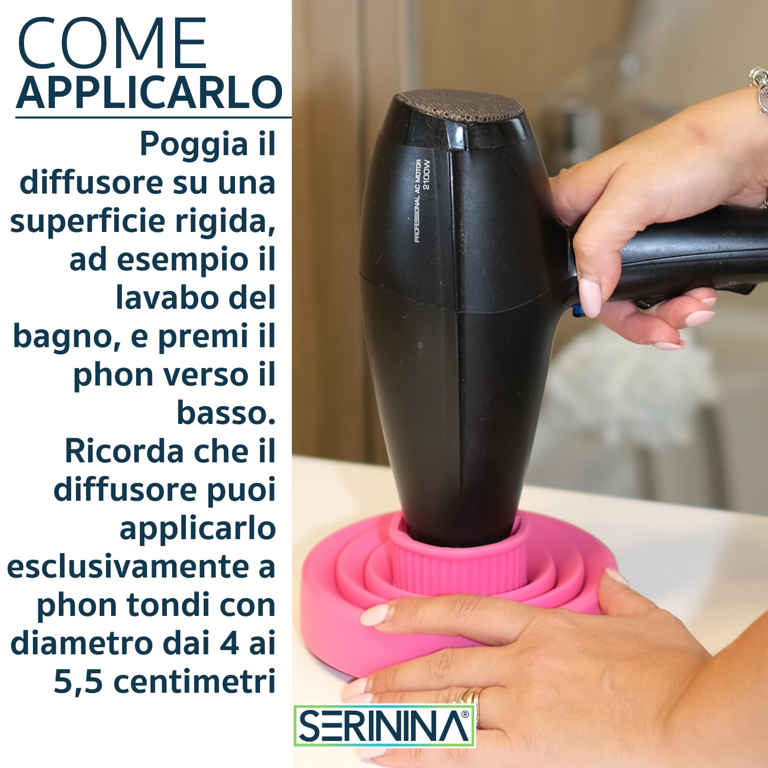 Diffusore Universale Capelli Ricci Phon - Accessori Asciugacapelli per farti bellissima - Con sacchetto - da Viaggio (ROSA | DIAMETRO 4-5,5 cm)