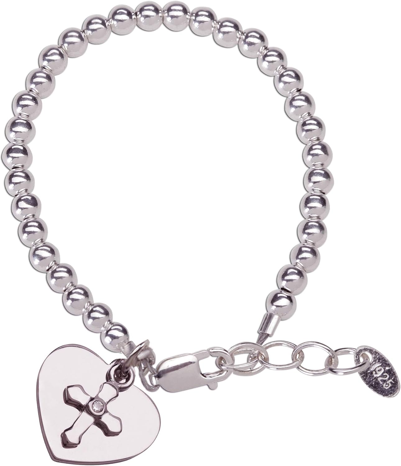 Children's Personalized .925 Sterling Silver Cross Bracelet with Heart Plaque, Infant Baptism, Christening, Newborn Baby, Little Girls, Toddlers with Custom Name