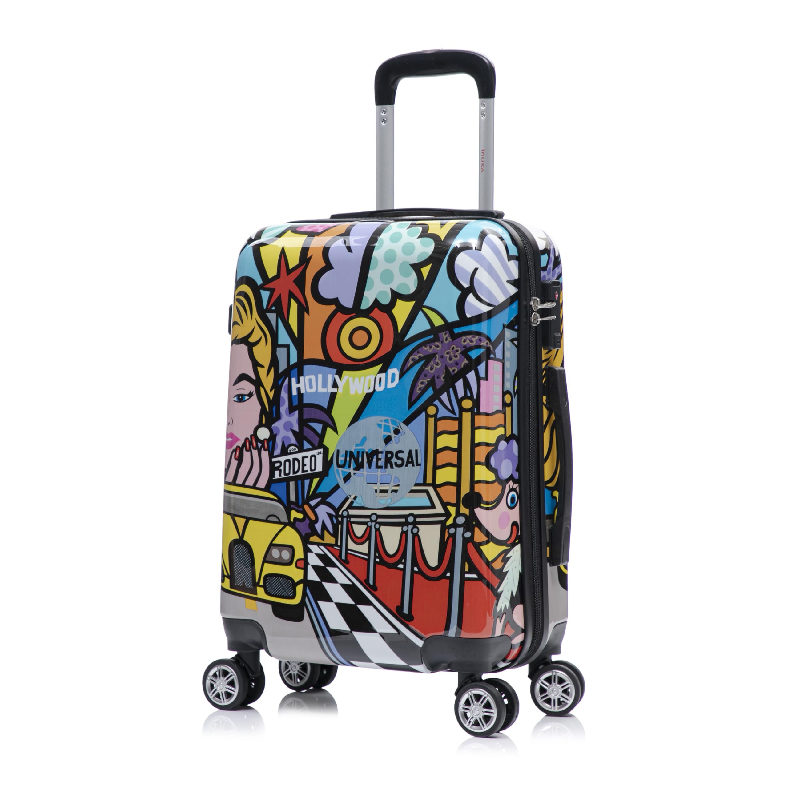 InUSA Hollywood Print Luggage with Spinner Wheels | Durable Lightweight Hardside Suitcase | Travel Bag with Handle and Trolley | 20 Inch Carry-On Spinner Luggage