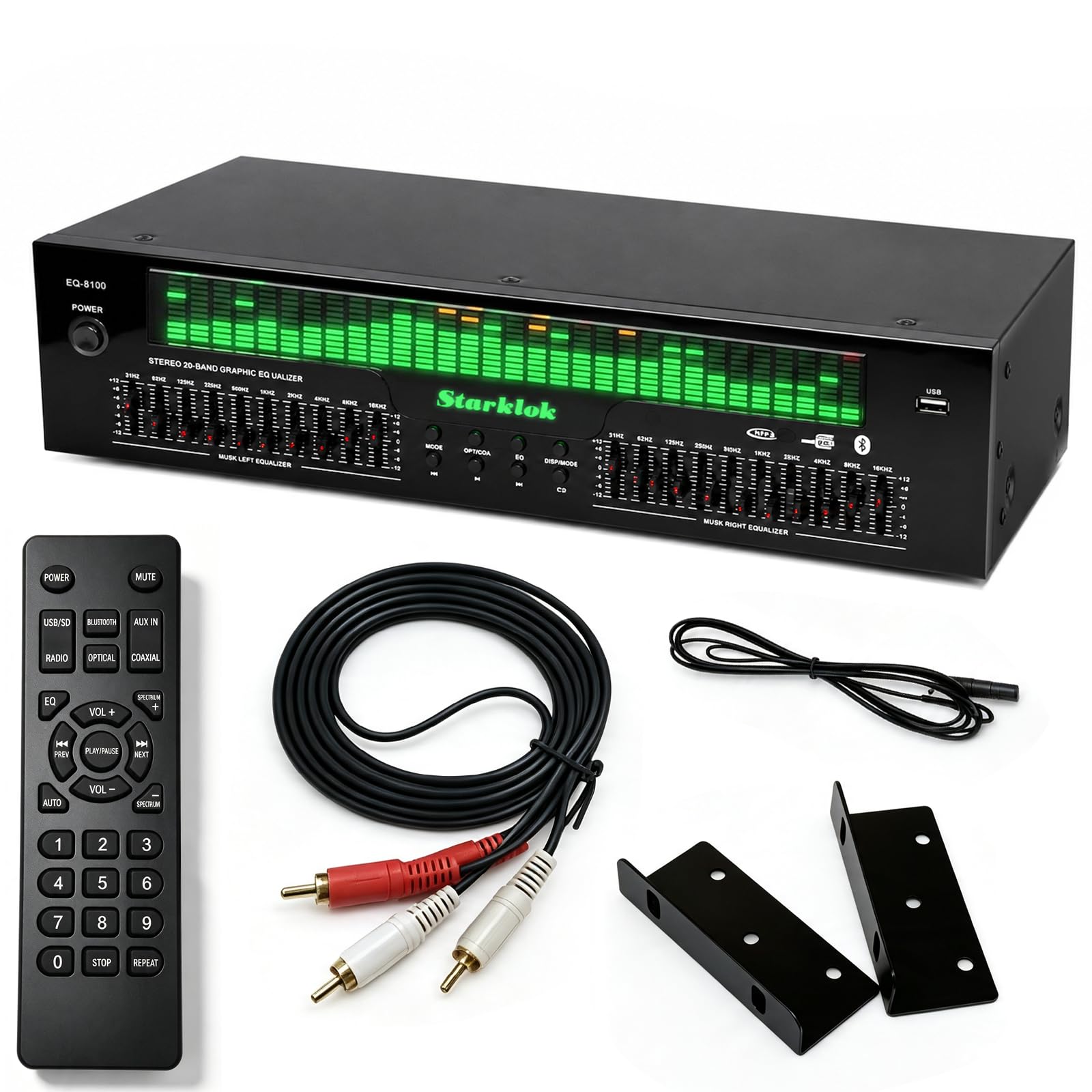31-pasmowy korektor cyfrowy, stereo Graphic Equalizer z Bluetooth 5.4, 12 trybów rytmu, analizator widma muzyki, optyczny/współosiowy dekoder audio, redukcja szumów do studia i wykonywania muzyki