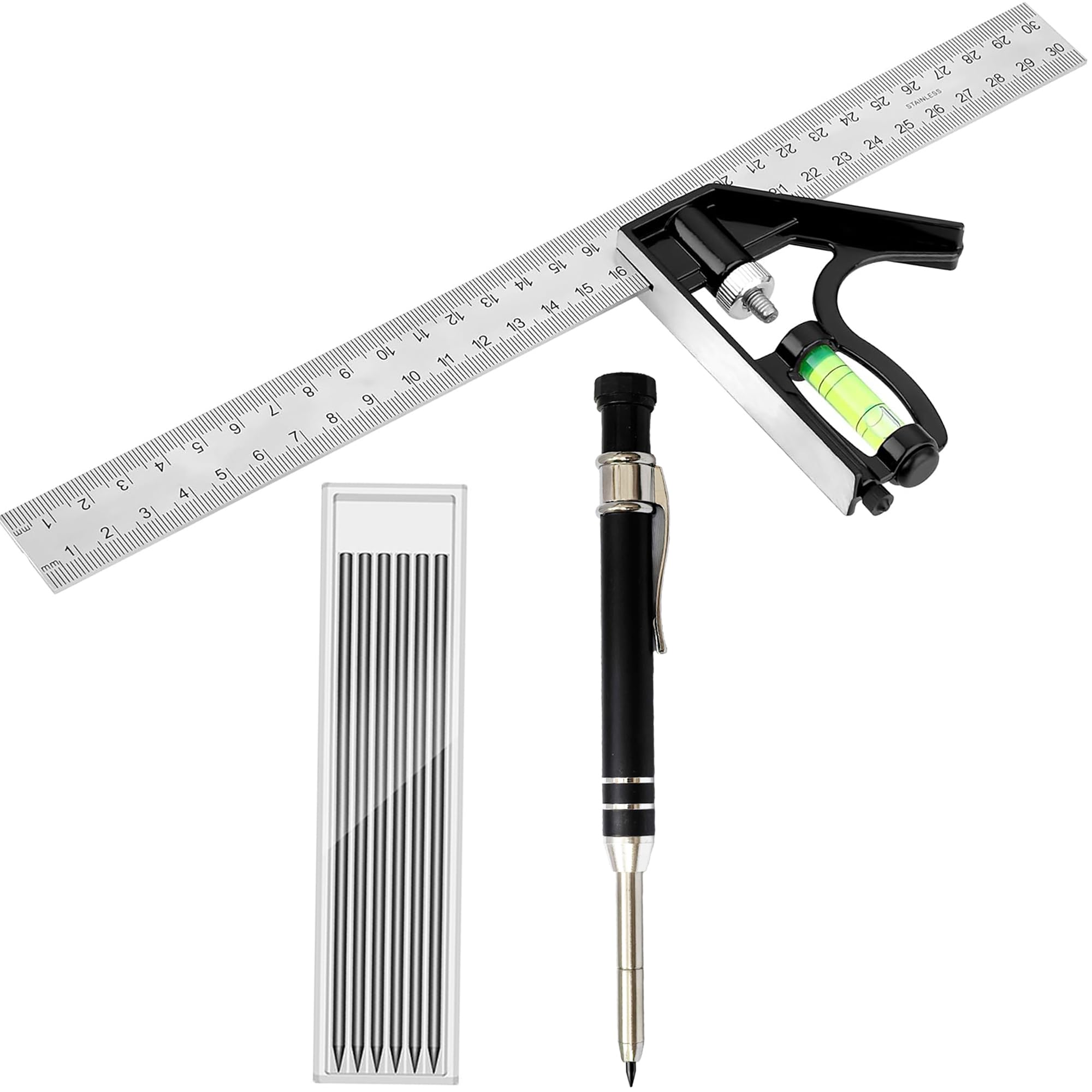 2-piece woodworking set, combining a 12-inch/300mm square ruler, a 45/90 degree ruler, and a level; automatic deep-hole pencil with 6 replacement leads; for construction and carpentry work. — image 1