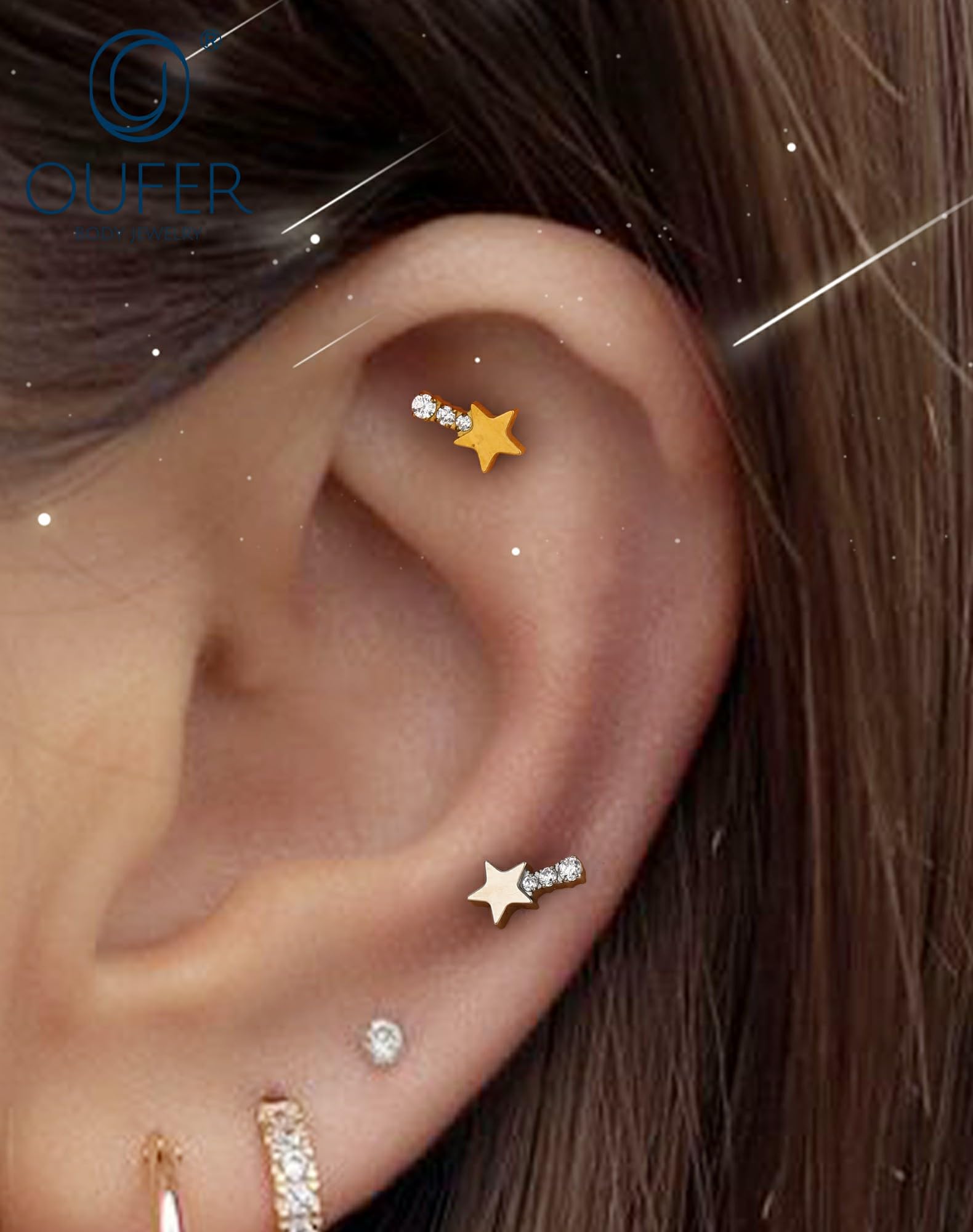 OUFER Body Piercing Helix Earring: 16G Titanium Star CZ Labret Piercing Jewelry Internally Threaded 6mm Bar Gold/Silver Cartilage Tragus Lip Piercings for Women — view 6