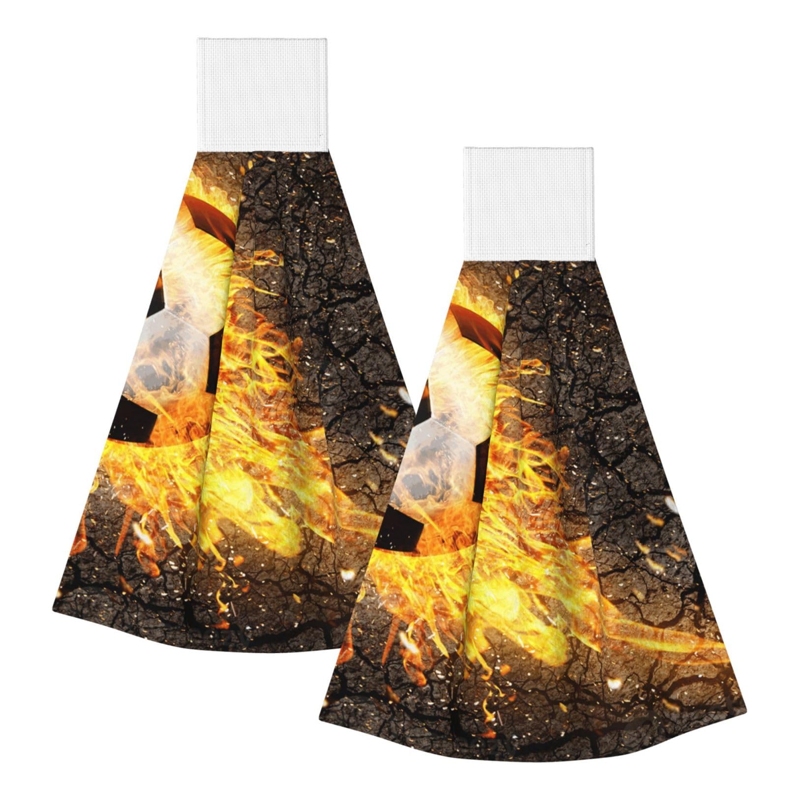 DOPKLNA Soccer Ball In Burning Fire Flames, 2 Pcs Hanging Coral Fiber Hand Towels for Bathroom, Absorbent Kitchen Towels