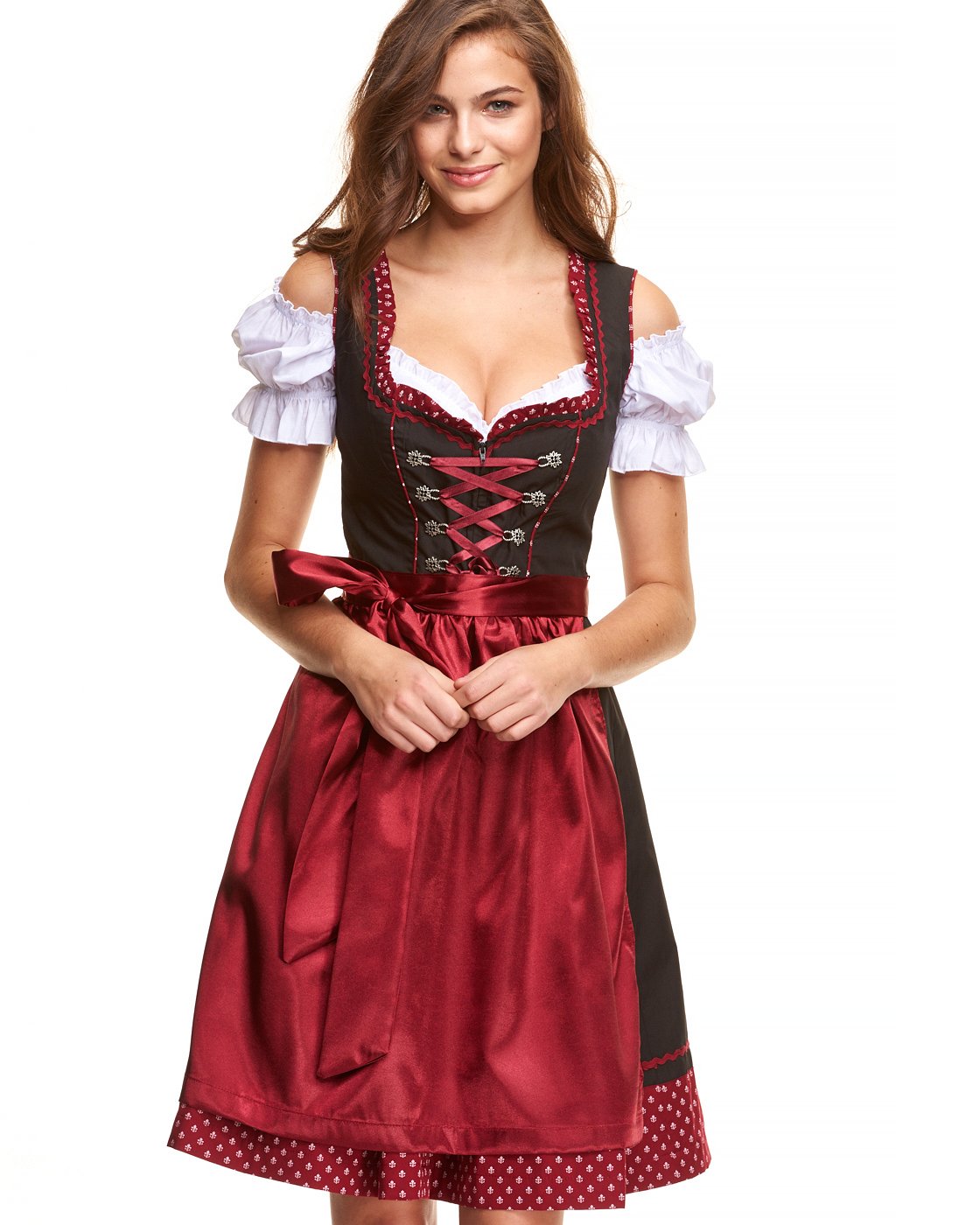 Dirndl Damen Midi Set 3 teilig mit Bluse und Schürze I Trachtenkleid Damen 3 TLG in Schwarz Kombination von Gr 34 bis 46 KF101
