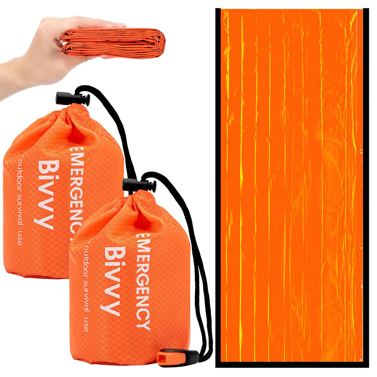 Emergency Sleeping Bag 84"x36", Waterproof Survival Emergency Blanket, Pocket Size Survival Blanket with Whistle, Windproof Outdoor Thermal Bivy Sack for Hiking, Camping, Traveling