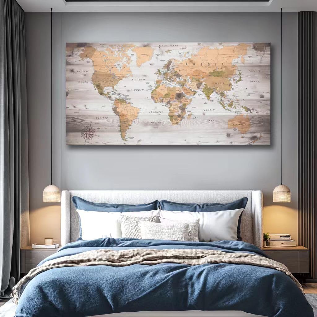Large Wall Art grey map of The World Painting Ready to Hang 36"x70"Large Framed Wall Art World Map Canvas Map Decorations Artwork Prints