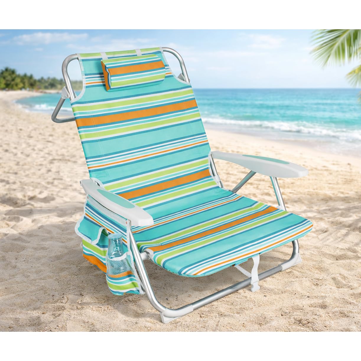 Acomoda Textil - Silla Plegable de Playa y Camping de Aluminio con Respaldo Reclinable. Silla Baja Compacta con Brazos Ergonómicos, Correa Transporte y Estructura Ligera de Exterior. (69X65X17/75 CM)