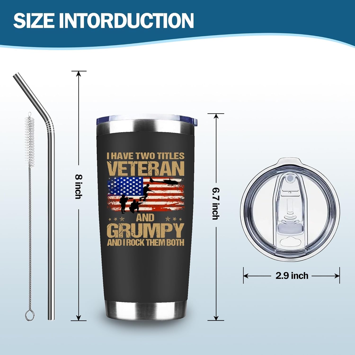 Veteran Tumbler, 20oz Military Insulated Travel Mug with Lid & Straw, Double Wall Stainless Steel Coffee Cup, Funny Veteran Gifts for Men, Grandpa, Dad, Army Retired Birthday Christmas Veterans Day - Image 3