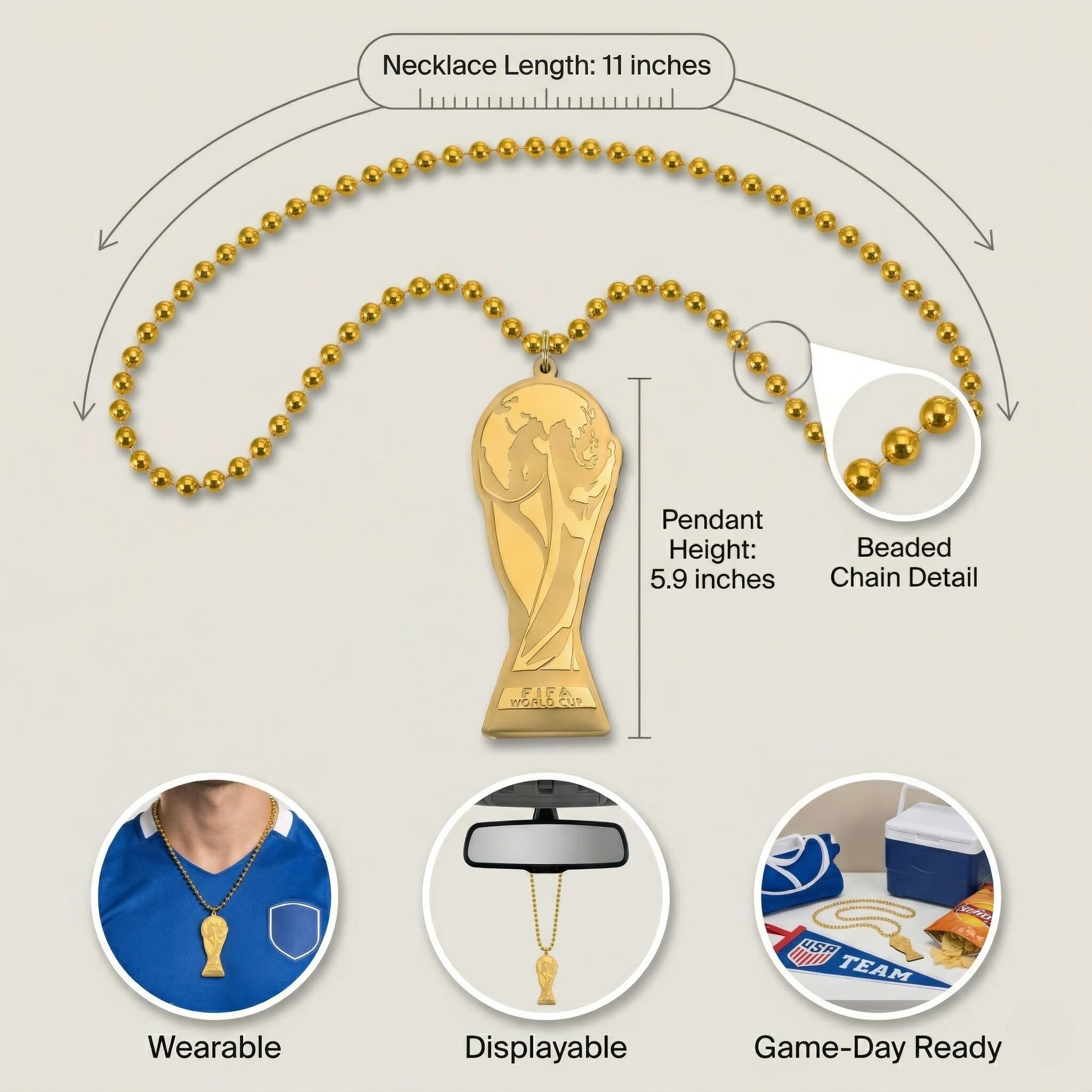 FIFA Offiziell lizenzierte Fußballweltmeisterschaft 2026 Perlen-Fan-Kette, Halskette, übergroß, Gold, 91,4 cm, Trophäen-Anhänger, ultimative Fußballspiel-Ausrüstung, Party-Zubehör