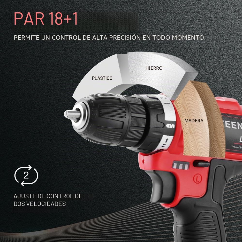 TEENO - Taladro atornillador inalámbrico PSR 21V + 2 baterías de litio + 41 accesorios + guantes profesionales