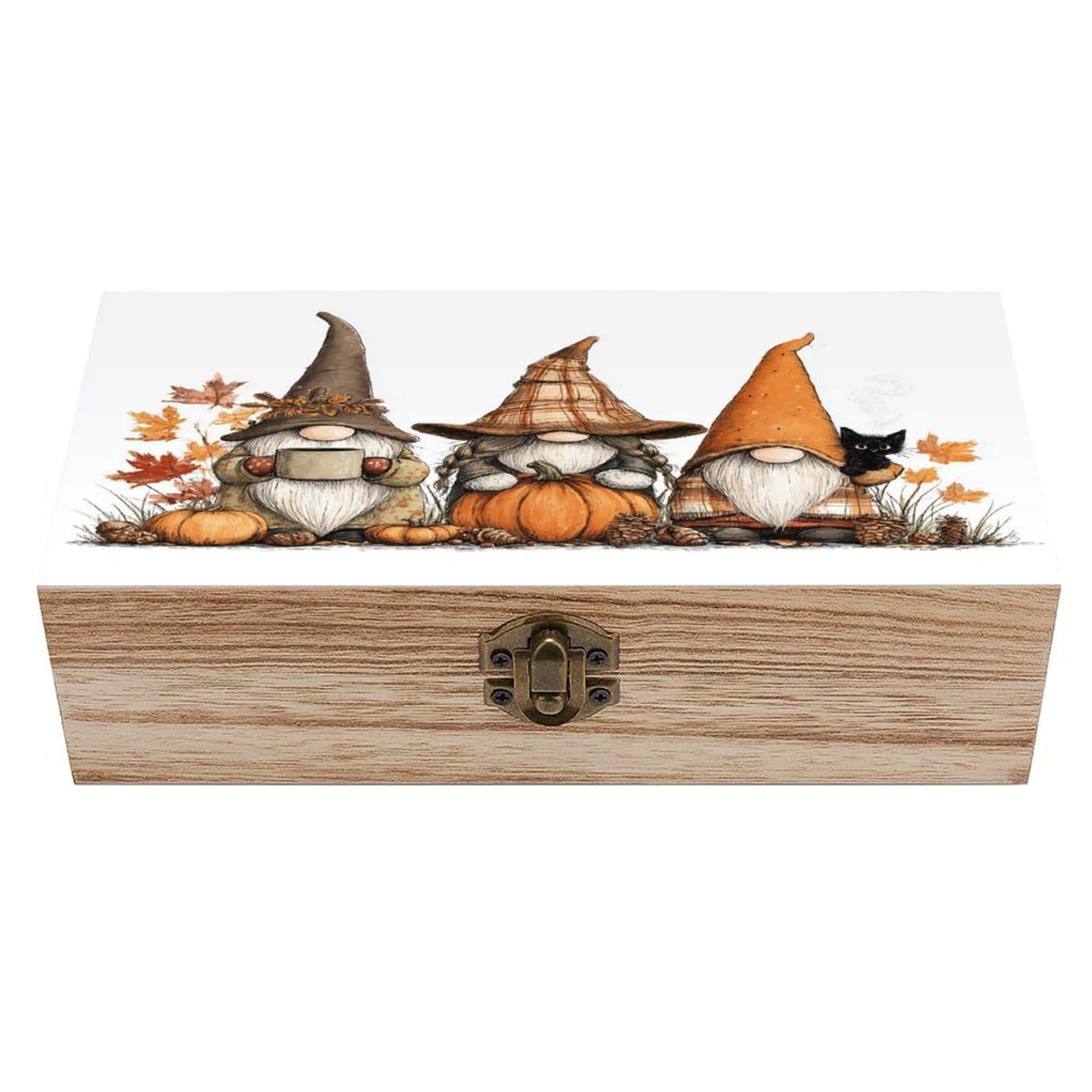 asbwuo Autumn-themed Three Gnomes Wooden Storage Box with Hinged Lid