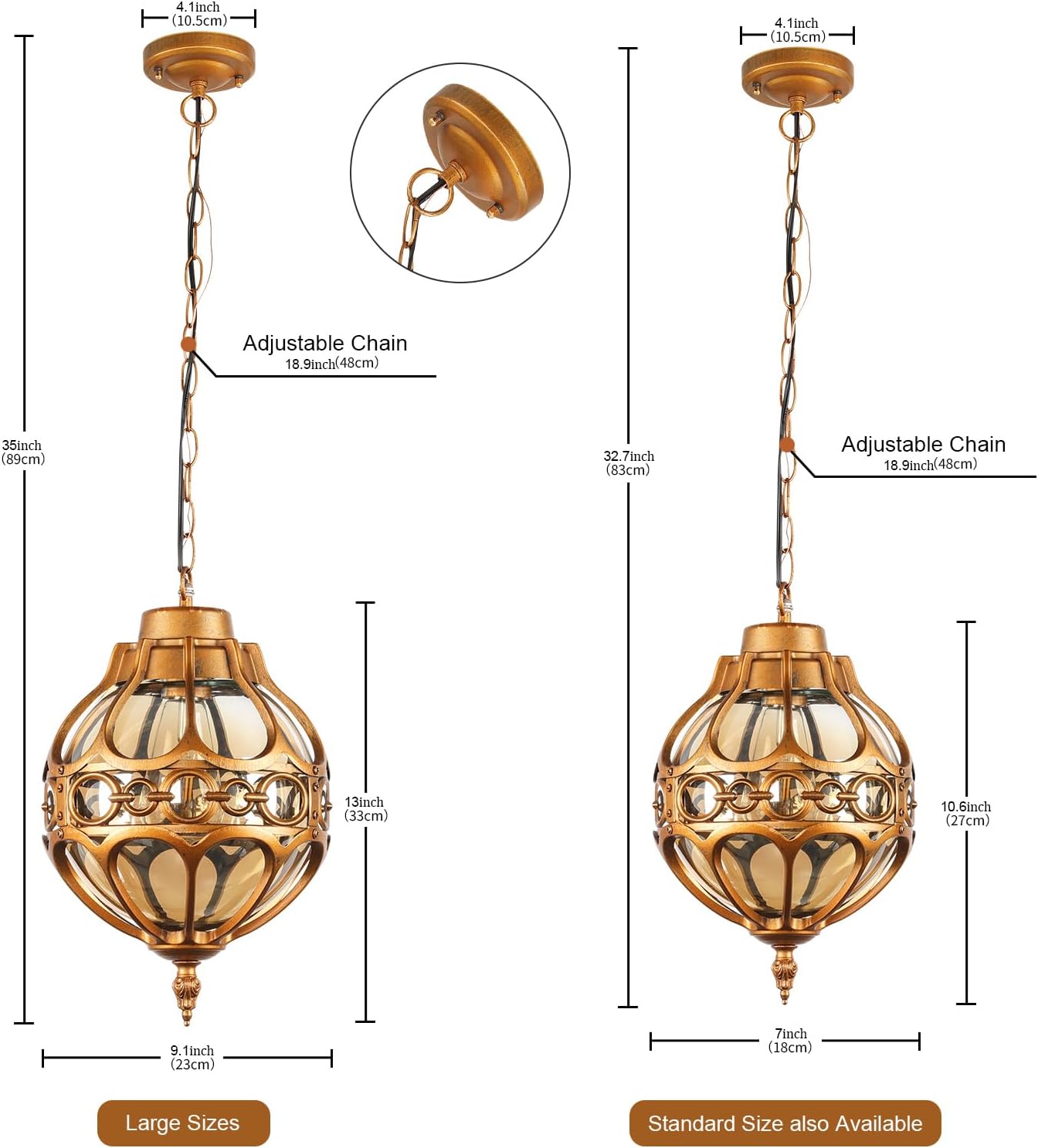 Gold Globe Outdoor Pendant Lights for Porch Entryway Hallway, Vintage Exterior Aluminum Waterproof Hanging Light Fixtures, Outside Ceiling Hanging Lamp with Round Amber Glass