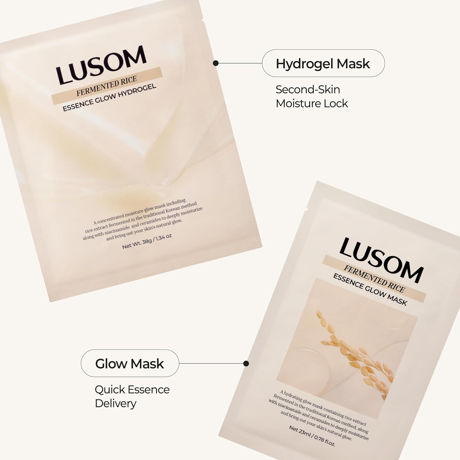 LUSOM Fermented Rice Essence Glow Sheet Korean Face Mask – Hydrating & Skin-Soothing Care for Glass Skin – 10 Sheets (0.78 fl. oz. / 23ml)