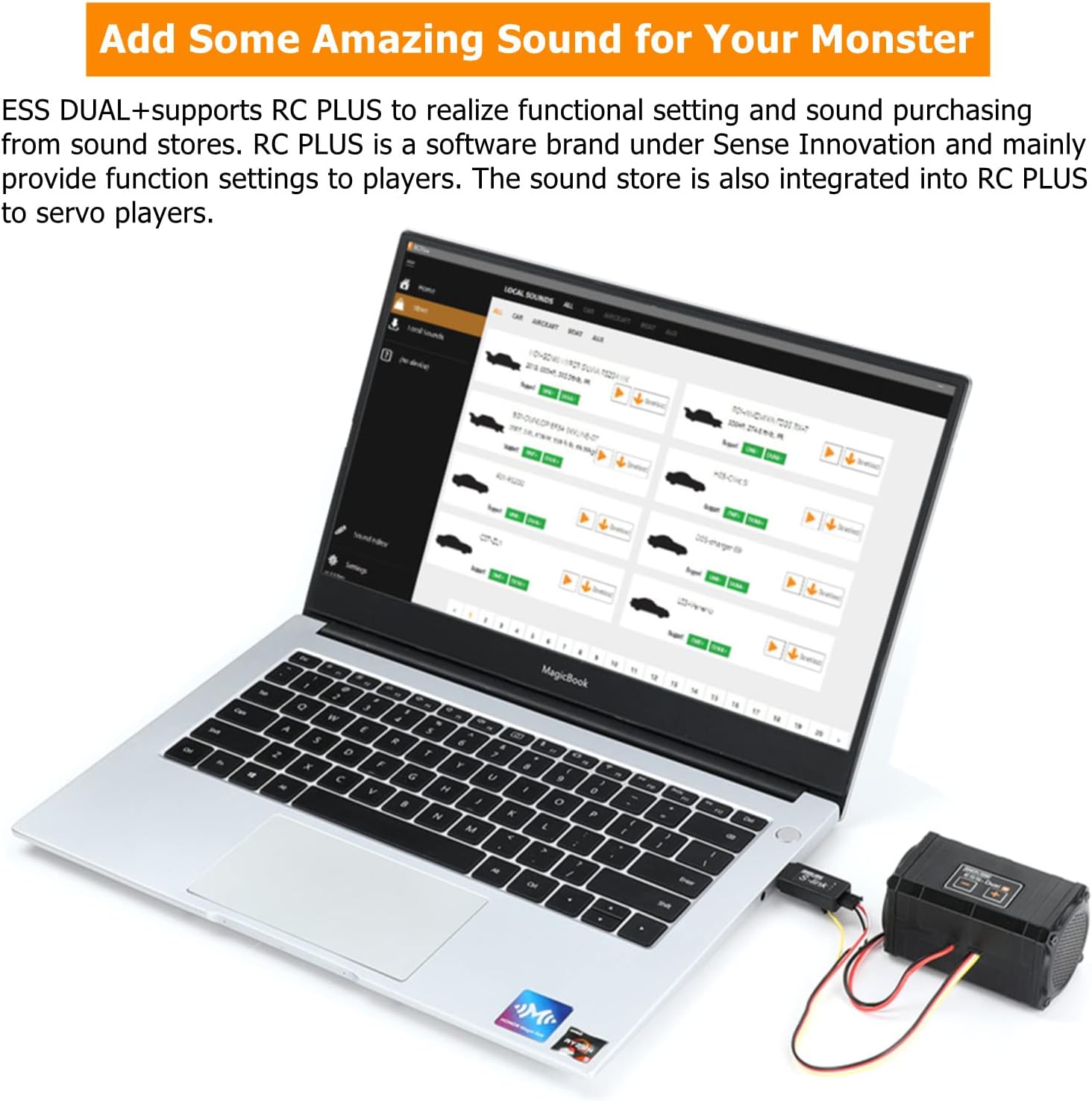 Laptop screen showing the RC PLUS software interface for sound customization
